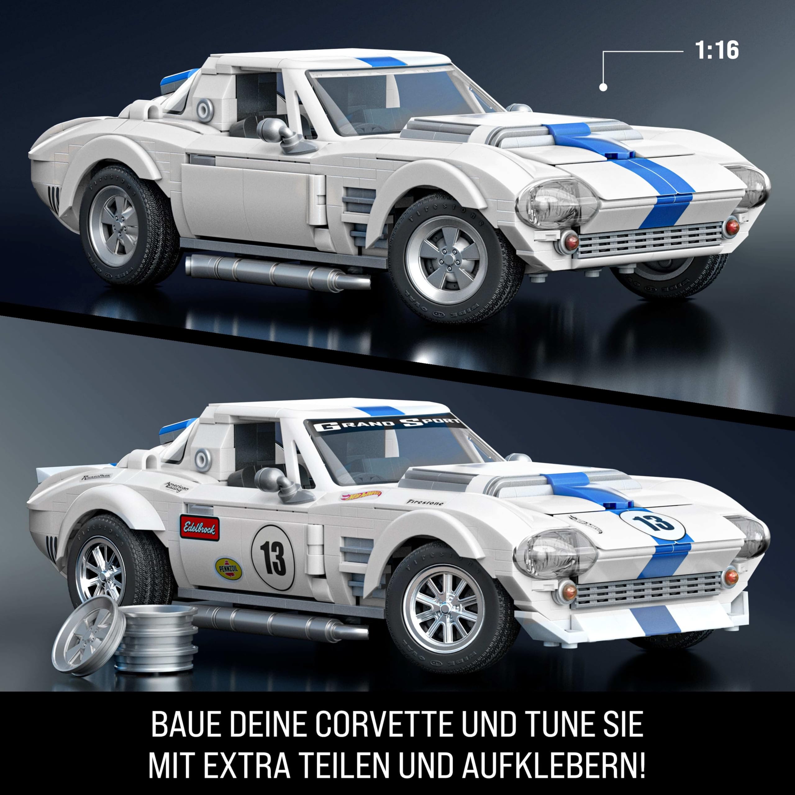 Mattel Brick Shop Hot Wheels Elite Serie Bauset, Corvette Grand Sport mit 918 Teilen, realistischen Details und individuellen Aufklebern, für Sammler und Kinder ab 10 Jahren, JGR31