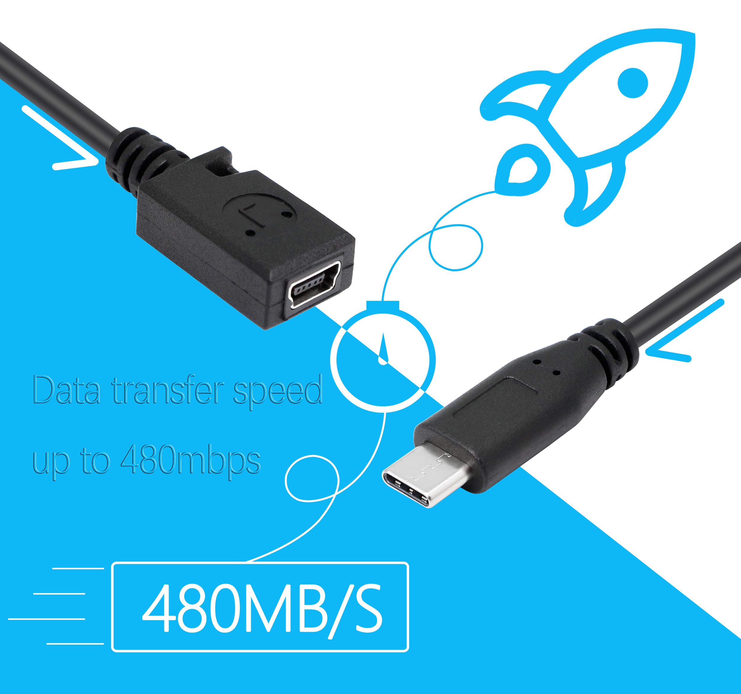Cerrxian, cavo di estensione USB di tipo C, da Mini USB 2.0 femmina a USB di tipo C maschio, cavo di ricarica e sincronizzazione, adattatore e convertitore, cavo lungo 25,4 cm