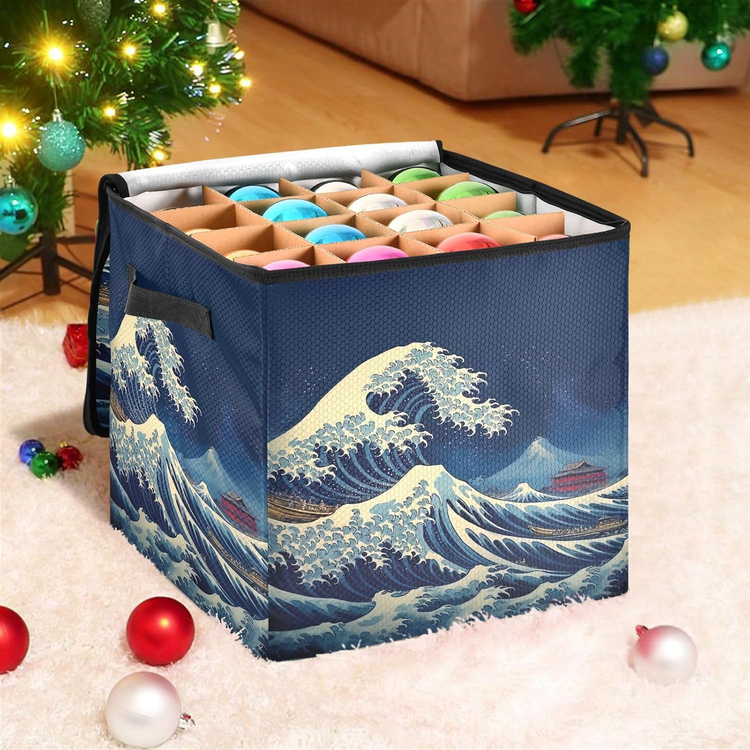 Japanese Waves 13 Inch Christmas Ornament Storage Box with Lid - Holiday Decor Storage Containers, Stores 64 Ornaments, 3 Inch Cube Compartments