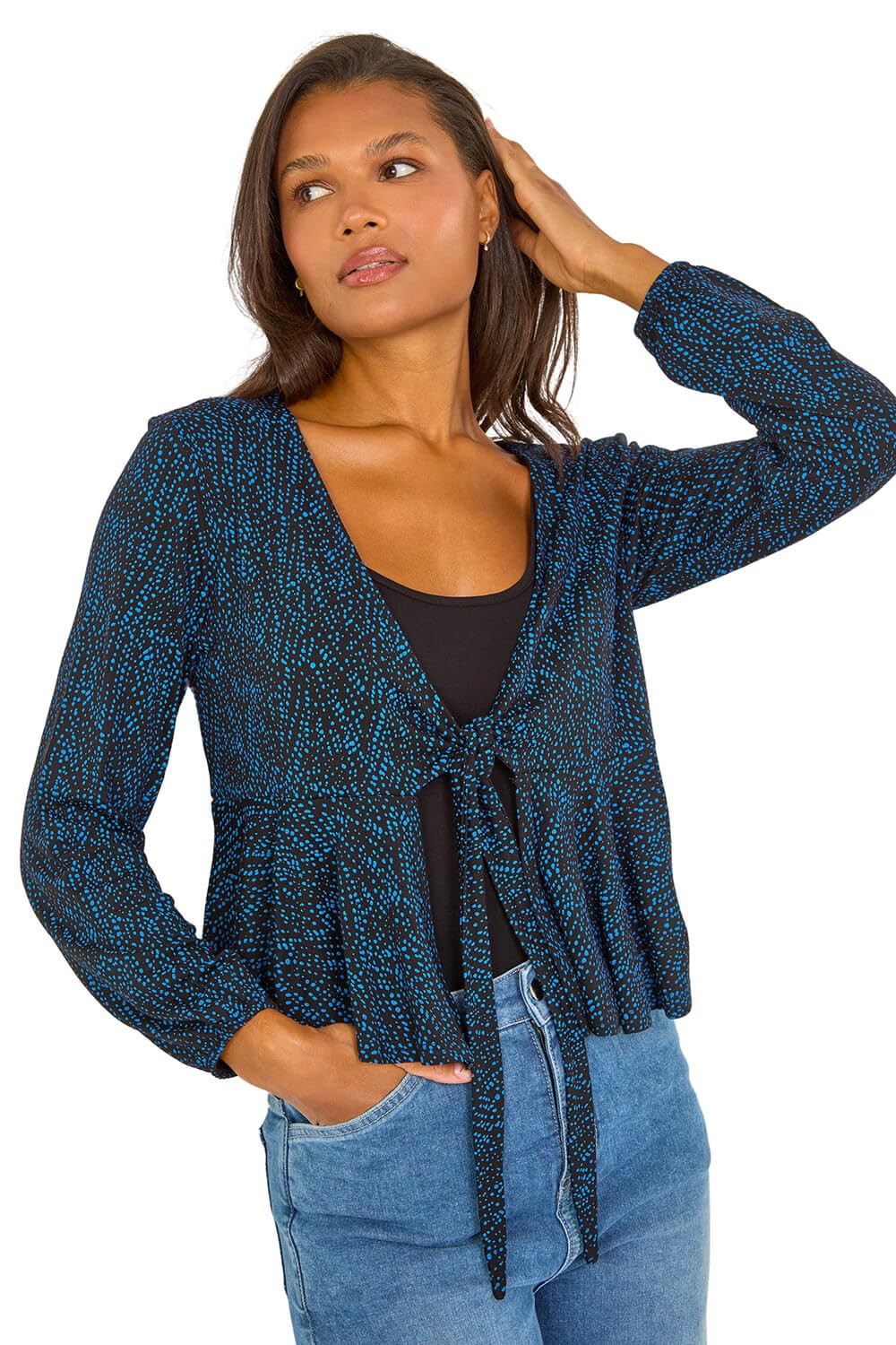 Roman Women's Blue Abstract Print Tie Front Frill Cardigan Size 20