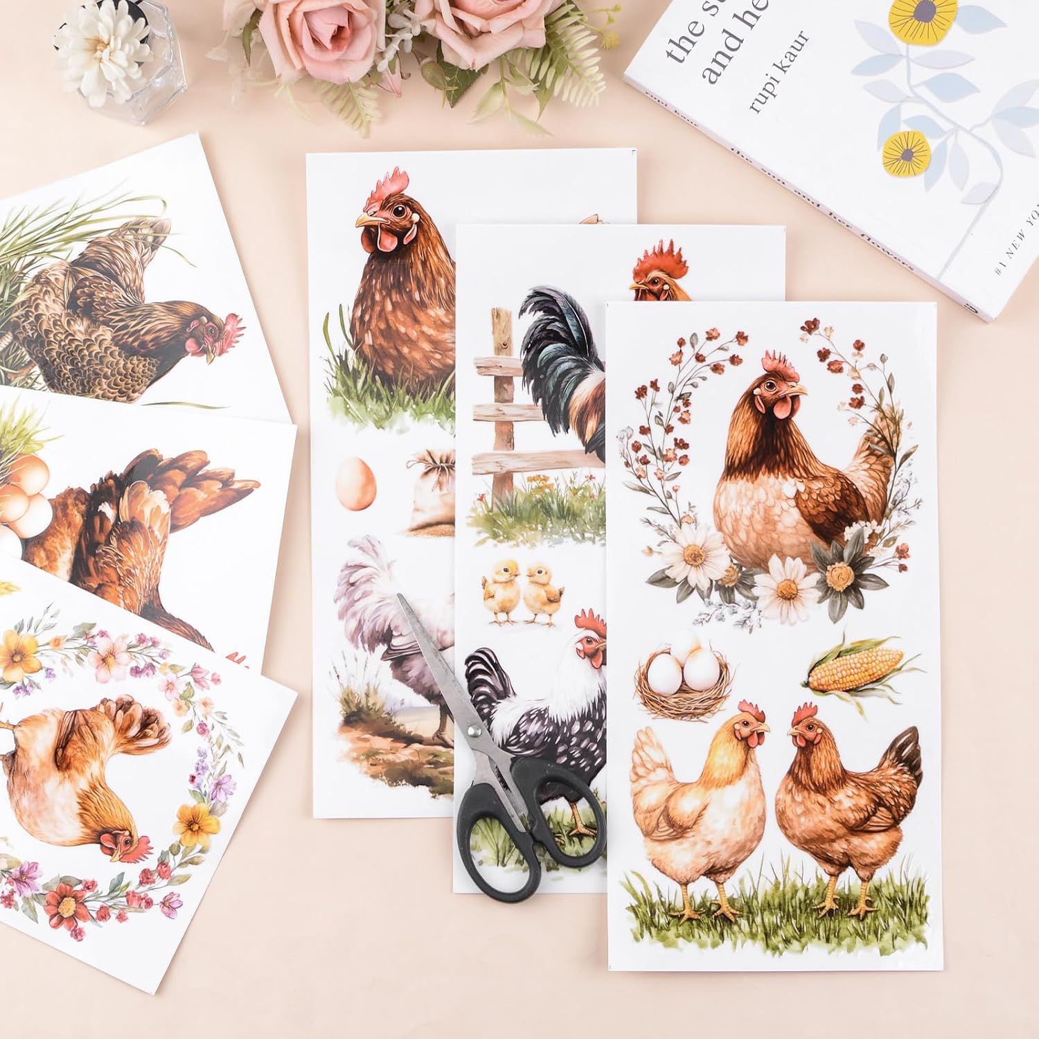 Rub on Transfers for Crafts, 6 Sheets Chickens Rub on Transfers 15cmx30cm/5.91 * 11.81in UV DTF Waterproof Furniture Transfer Stickers for DIY Crafts Wood Glass Farbic