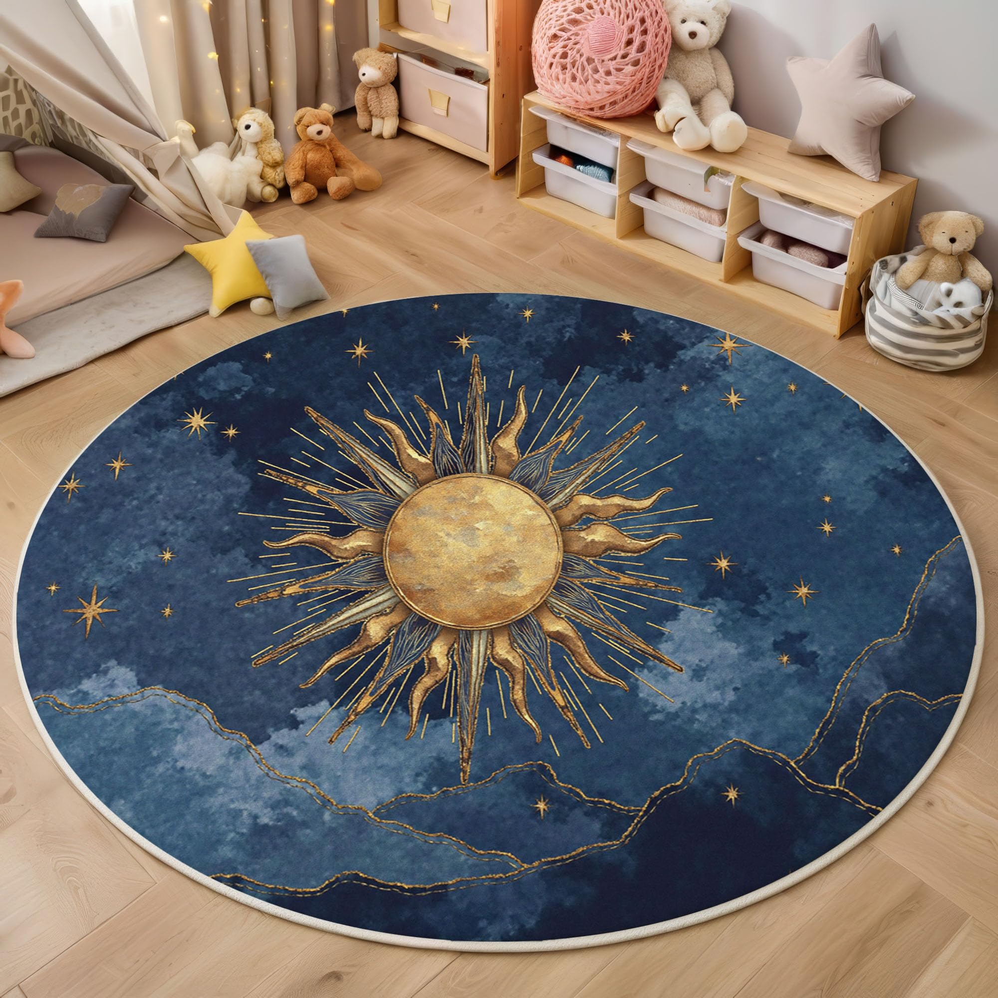 Tapis de salon bleu indigo motif soleil étoiles dorés rond 160cm