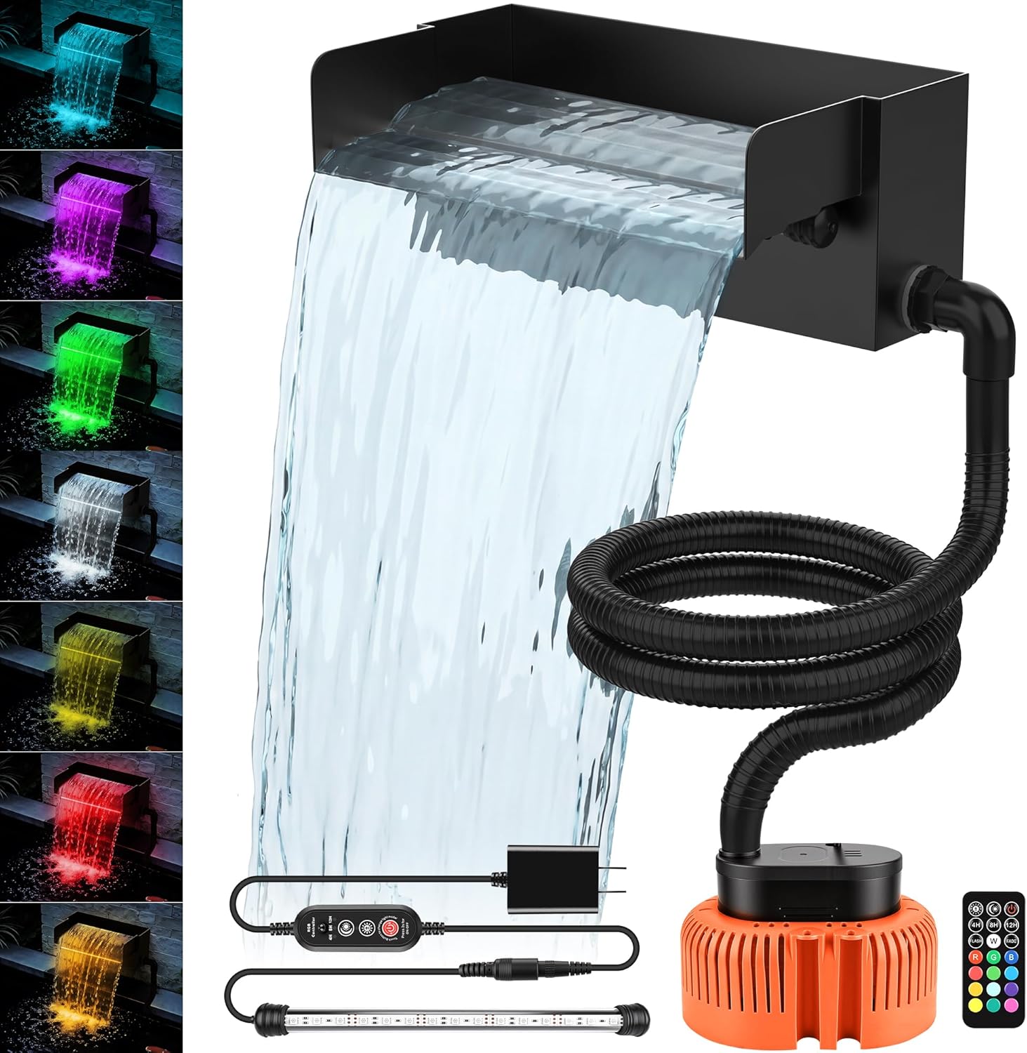 Pond Waterfall Spillway with LED Lights - 12-inch Stainless Steel Spillway and 850GPH Submersible Pump with Cover for Garden, Ponds, Backyard, Pool