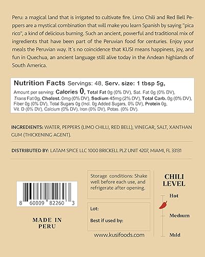 Miniatura 2 de Kusi Foods ANDEAN HEAT Salsa picante estilo peruano, hecha con chile limusina, pimientos rojos, vinagre y sal, cítricos, picante y ligeramente