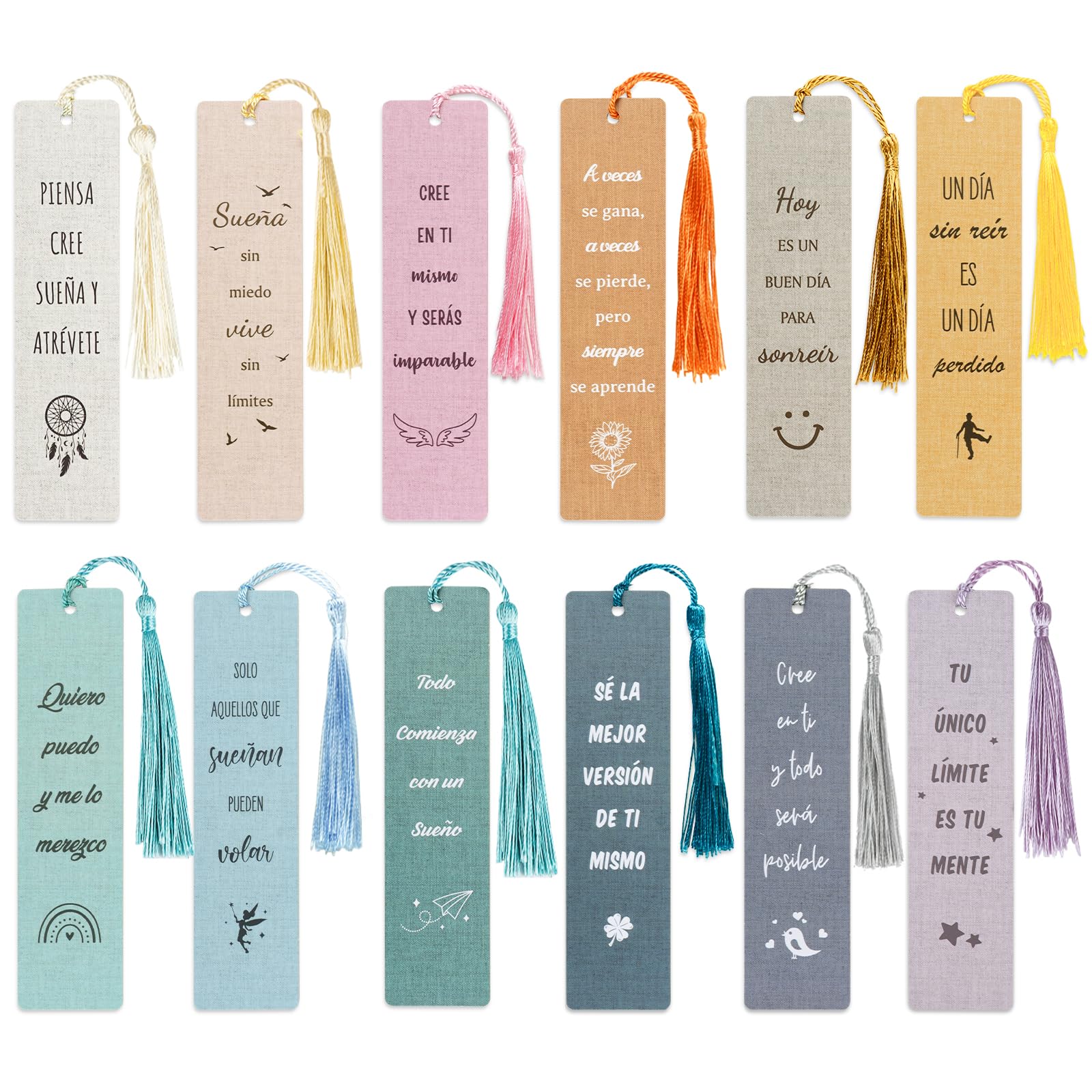GEBETTER 12Pcs Marcapáginas Español Motivadores con Borlas, Marcadores de Libros Frases Motivacionales, Punto de Libro Inspirador, Marca Páginas Regalo Mujer Hombre Niños Cumpleaños Graduación Navidad