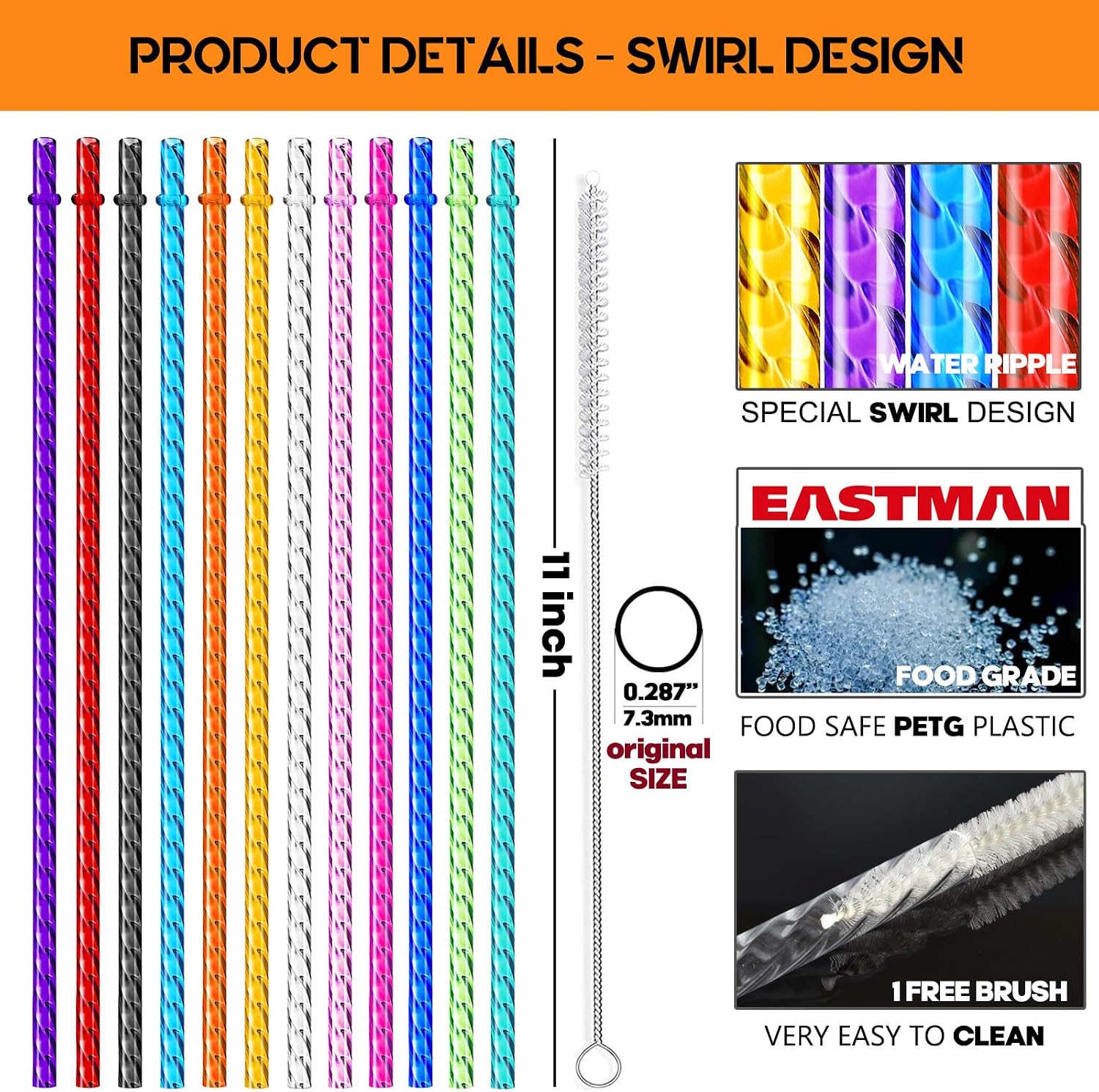 ALINK 12-Pack Reusable Plastic Clear Swirl Straws, 11" Long Hard Tumbler Replacement Drinking Straws for 16 OZ 20 OZ 30 OZ Stanley, YETI, Starbucks Tumblers with Cleaning Brush