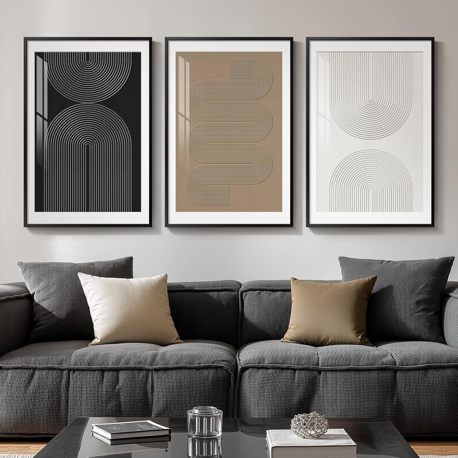 Framed Boho Neutral Abstract Wall Art, Set of 3 Modern Art Prints Paintings Artwork for Walls, Minimalist Black White Brown Geometric Pictures for Living Room, Dining Room, Bedroom Wall Decor 16x24 In 16" W x 24" H x 3Pcs Boundless Lines?Plexiglass?