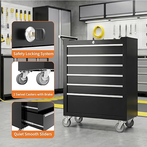 Miniatura 5 de IDEALHOUSE Baúl de herramientas con ruedas, gabinete de almacenamiento de 6 cajones, caja de herramientas con ruedas, organizador portátil de