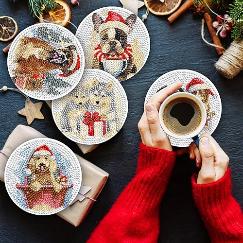 Miniatura 6 de Juego de 8 posavasos de arte de diamantes para perros de Navidad con soporte, posavasos de pintura de diamante para perros de Navidad, para
