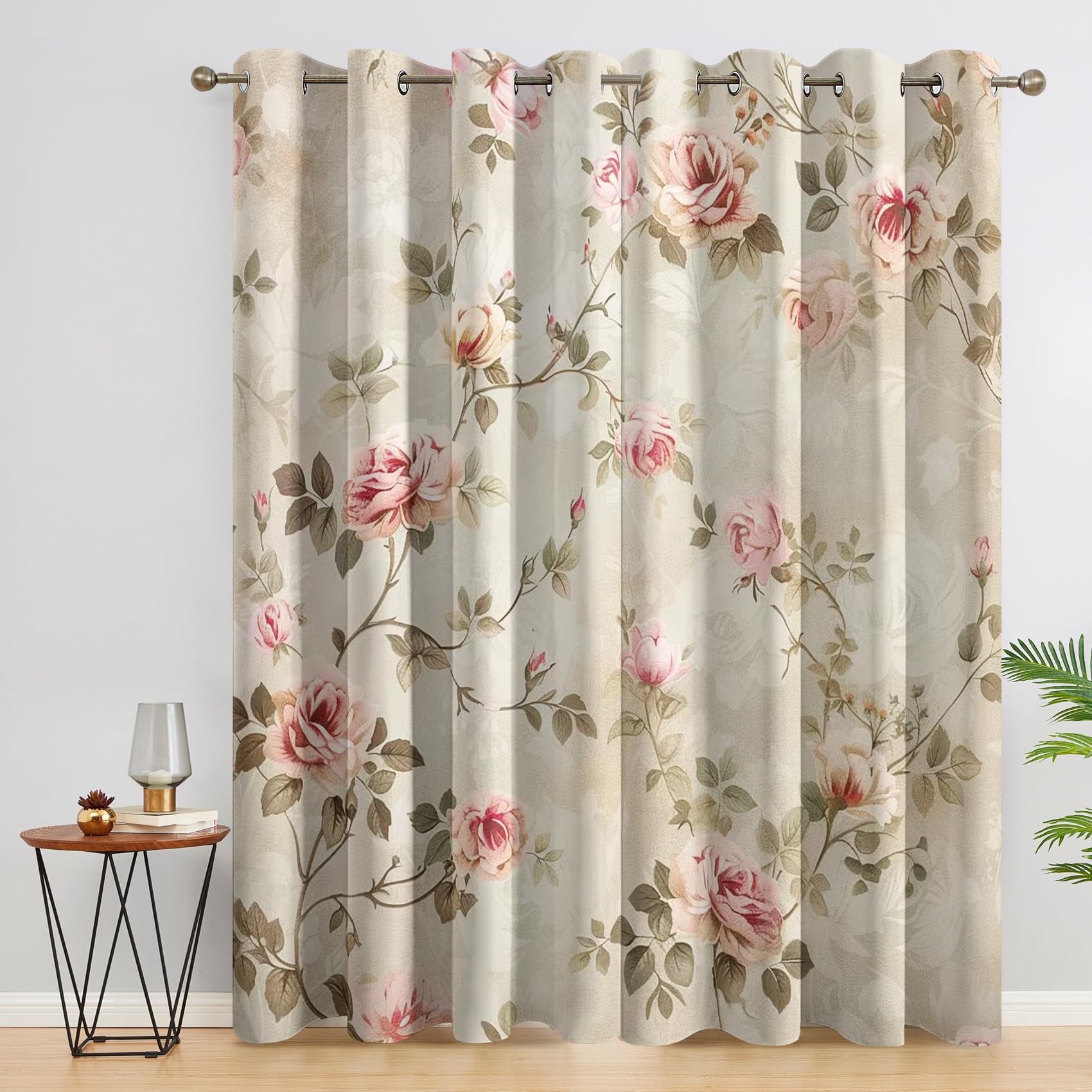 Rideaux Occultant Fleurs Rustique Vintage, Rideau Isolant Thermique pour Salon Chambre, Rideaux Motif Floral Rose, Lot de 2 Rideaux Opaque à Oeillets 140x240cm LxH
