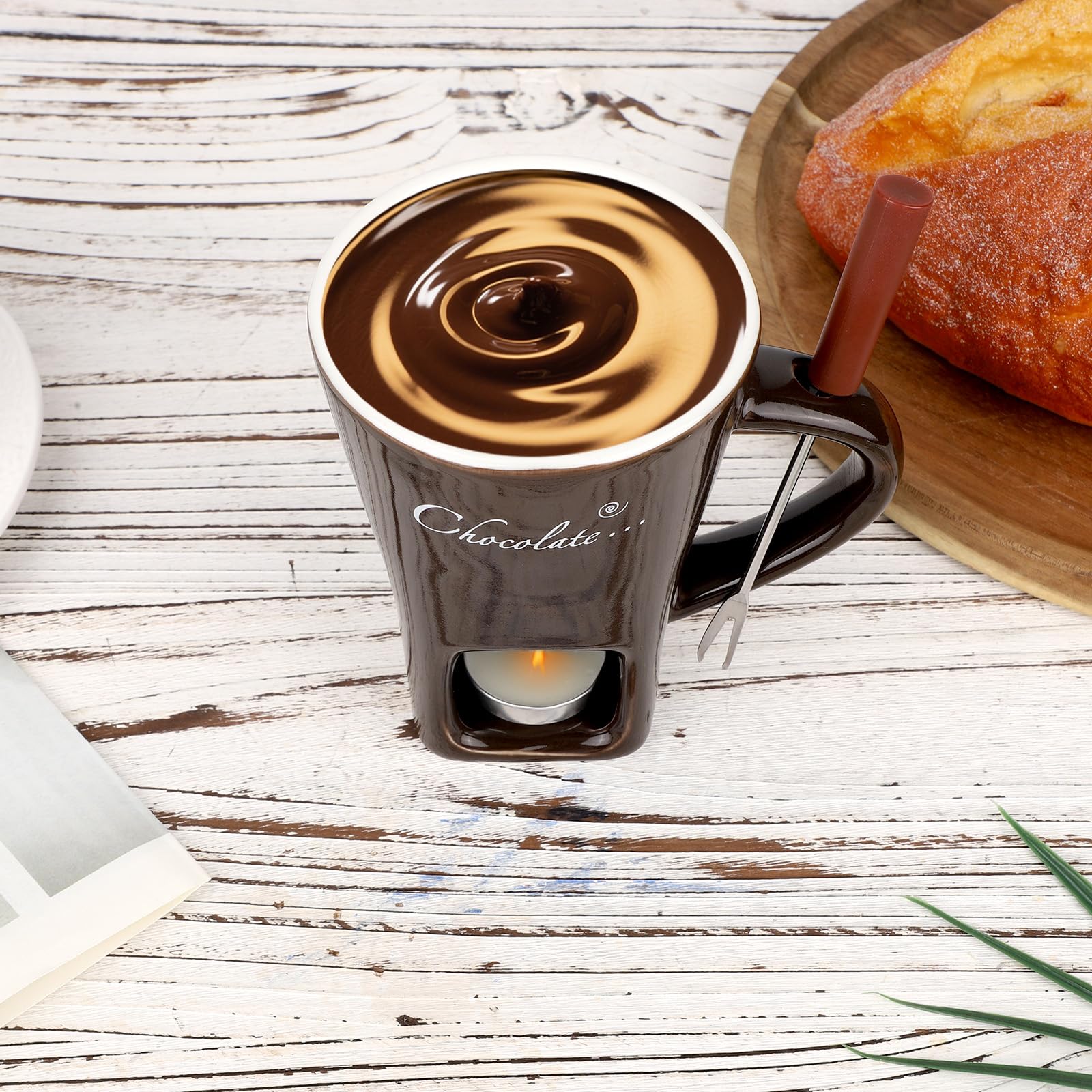 Schokoladen Fonduebecher mit Gabel und Teelichtern, Süßer Schokoladenschmelzbecher Keramik Fonduetopf Set für Schokolade Käse Süßigkeiten Ideale Geschenke Dateabend Hochzeit (Dunkelbraun)