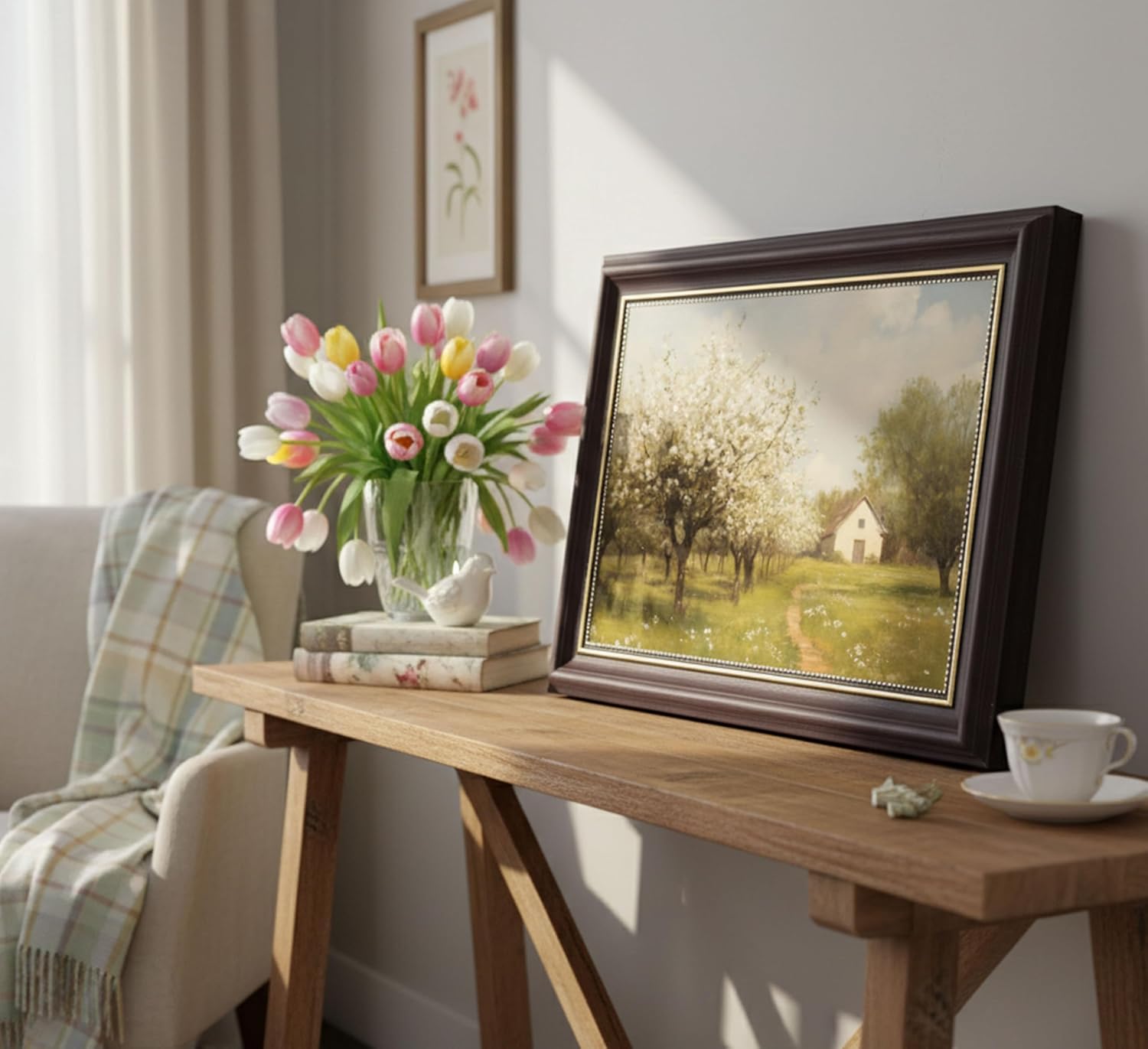 Framed Farmhouse Landscape Canvas Wall Art Vintage French Country Spring Natural Scenery Paintings Pictures Wall Decor Posters Printed Artwork Home Decoration