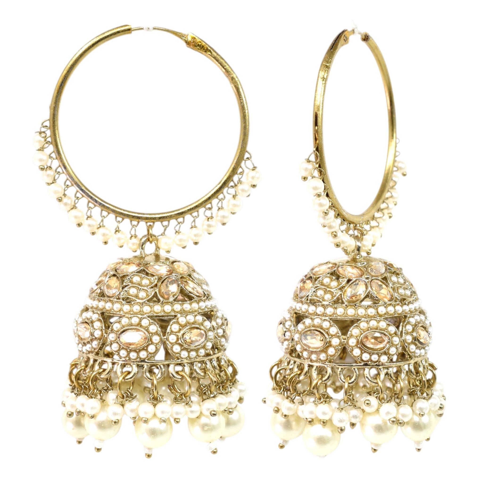 Gold Plated Traditional Bali Jhumka Hoop Earrings with Pearl Drops for Women Kundan Dome Jhumki with Beaded Pearl, Festive Wedding Party Statement Earrings, Indian Ethnic Jewellery-03-image-19