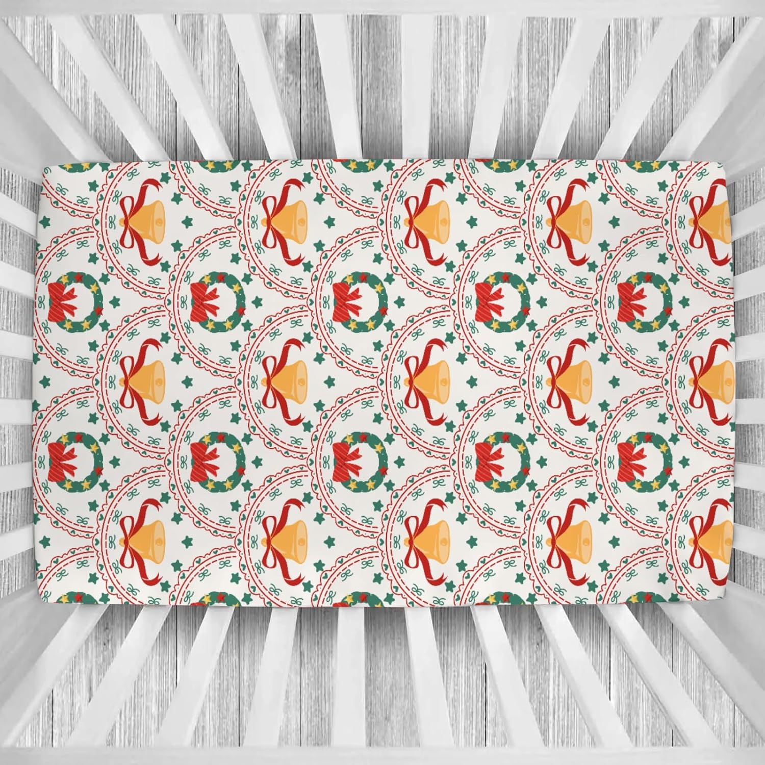 Christmas Bows Fir Wreath Baby Crib Sheets Christmas Ring Bells Toddler Bedding Festive Winter Bed Sheets Fitted Crib Mattress Cover Fits Standard Crib Mattress 28x52 in
