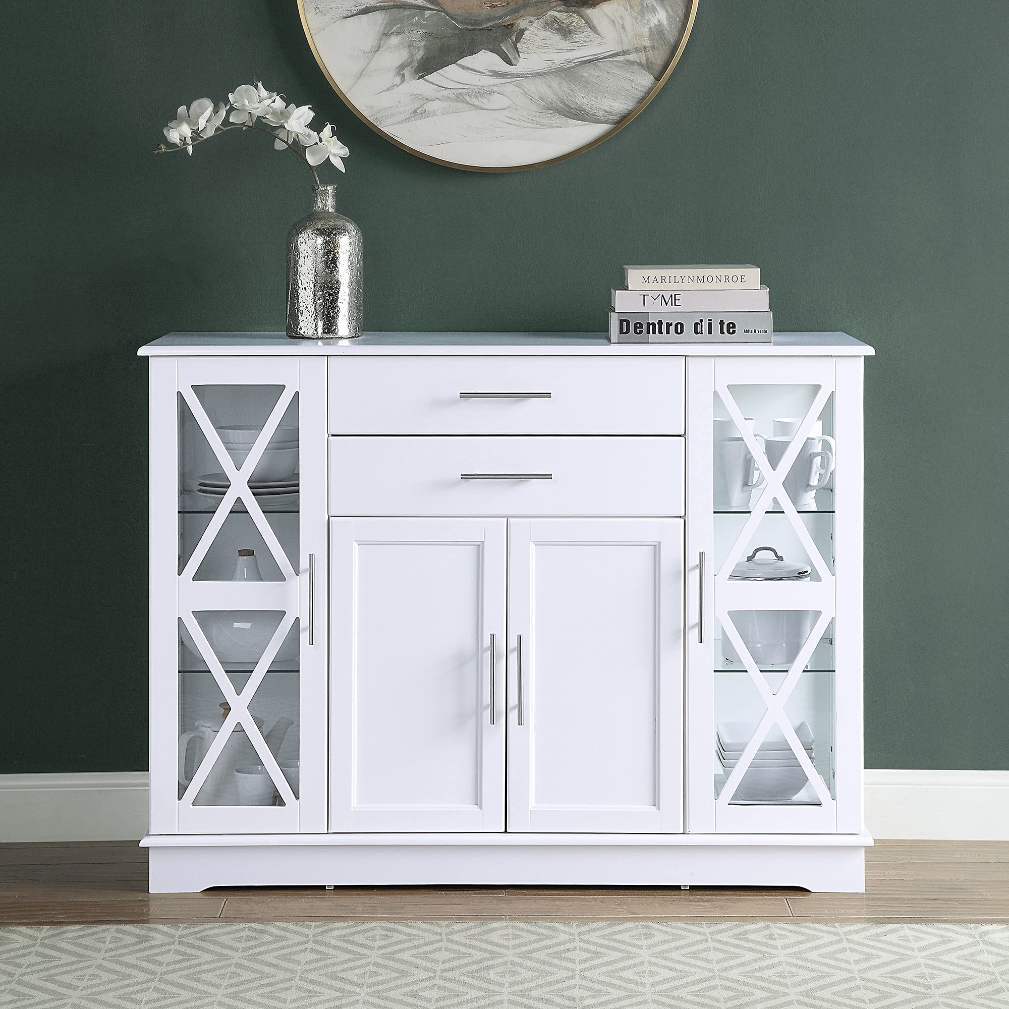 BELLEZERyland 47" Wood Storage Sideboard Buffet Cabinet Console Table, White