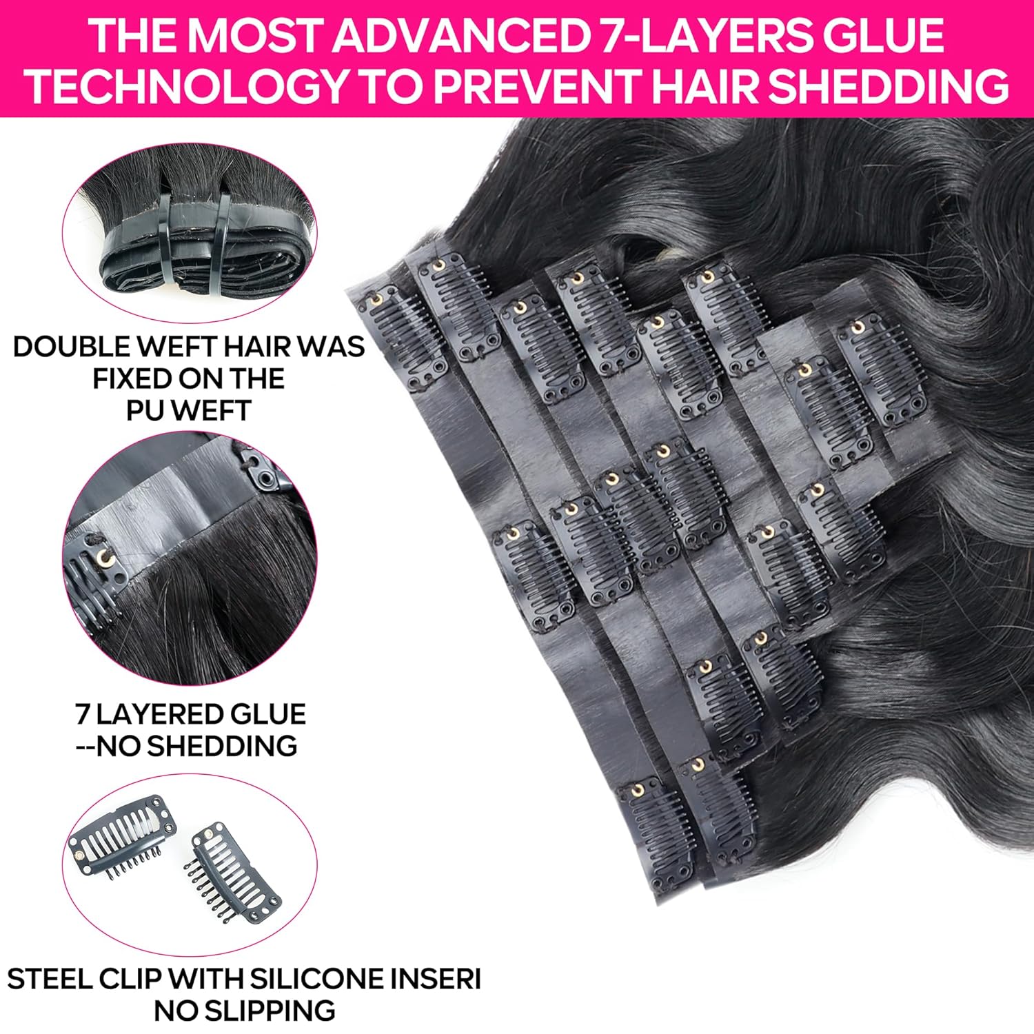 Seamless Clip in Hair Extensions Human Hair Body Wave Human Hair Clip in Extensions 8Pcs PU Clip ins Remy Hair for Women Invisible Skin Weft 18Clips 120g 14inch Natural Black