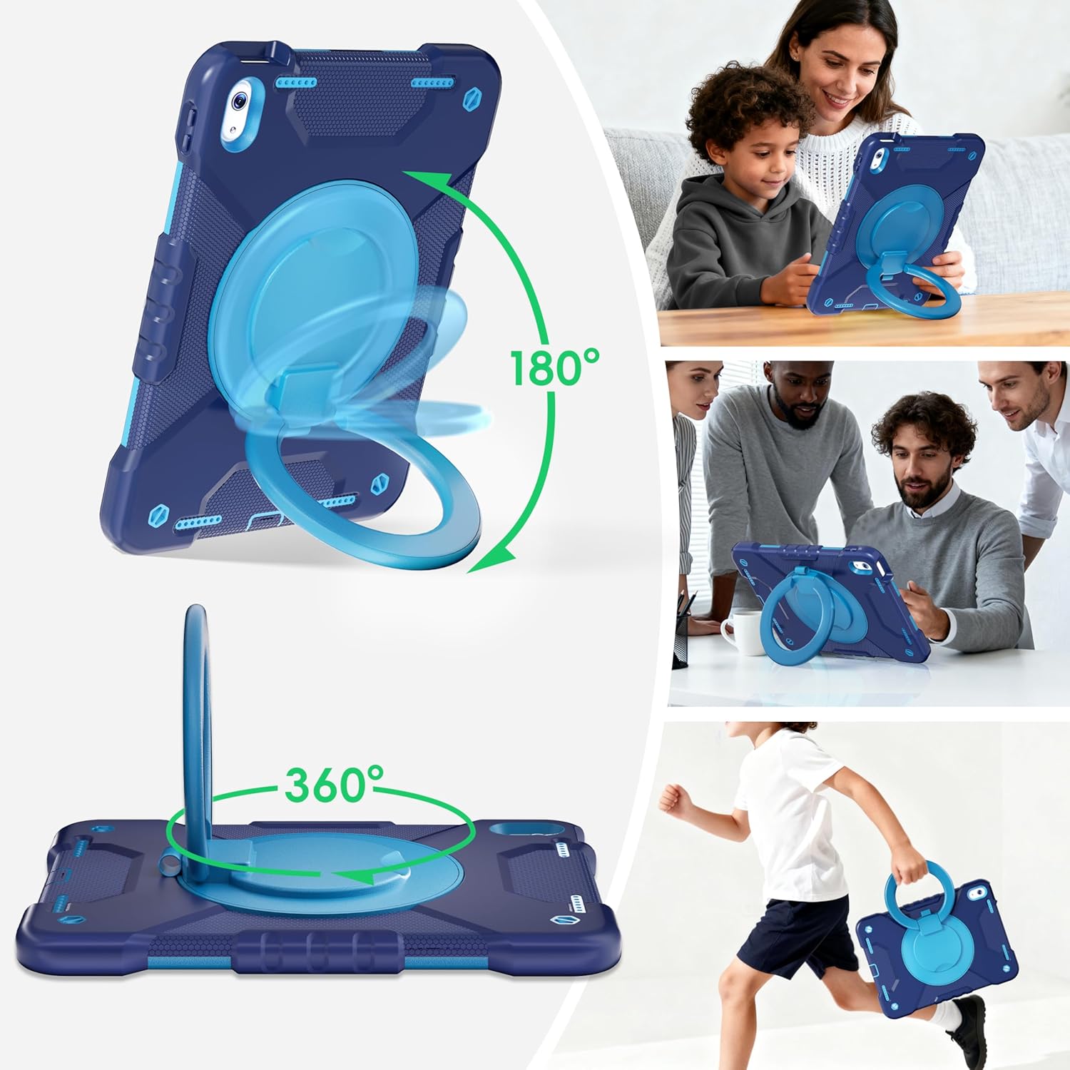 Case for iPad (A16) 11th Generation 11 inch 2025/10th Generation 10.9 inch 2022, Shockproof Cover with Screen Protector/360° Rotate Handle/Bracket/Pen Holder/Shoulder Strap (Navy+Blue)