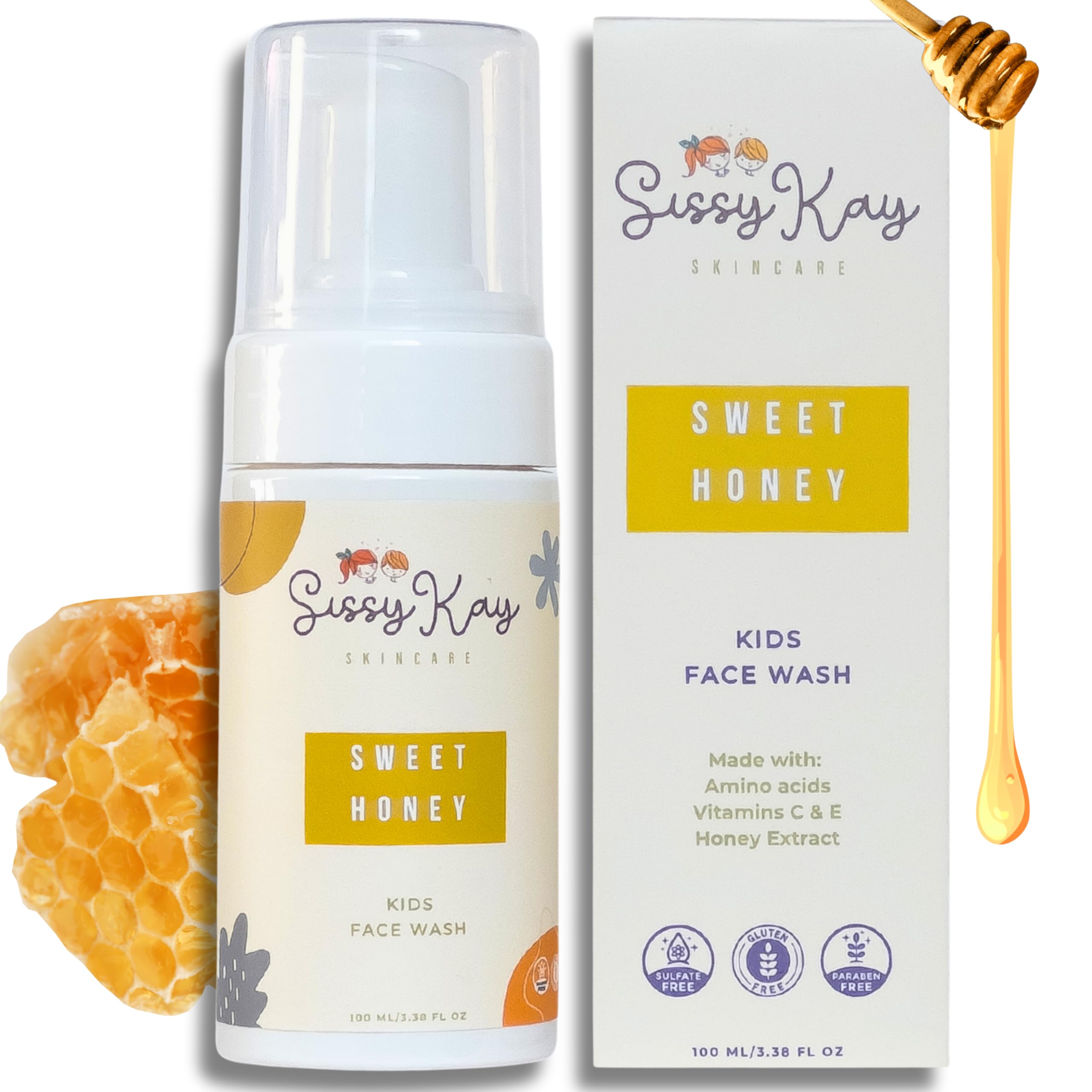 Sissy Kay Kids Foaming Face Wash for Boys, Girls - Natural Face Wash For Kids - Gentle Honey Cleanser With Vitamin C & Vitamin E -Tear Free For