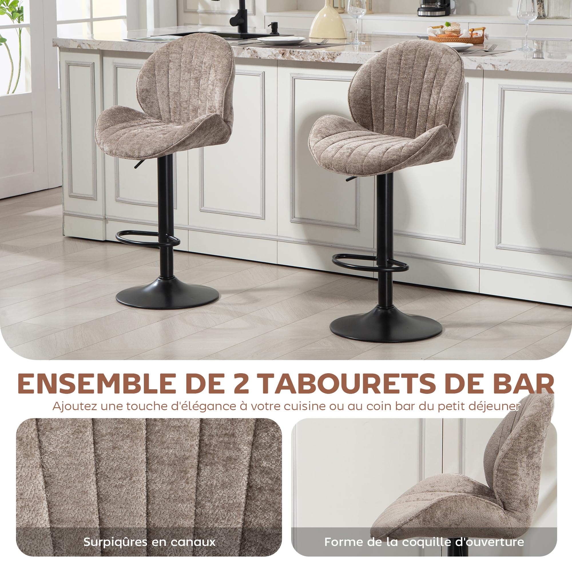 HOMCOM Lot de 2 Tabourets de Bar Pivotants Forme de Coquillage Acier Marron