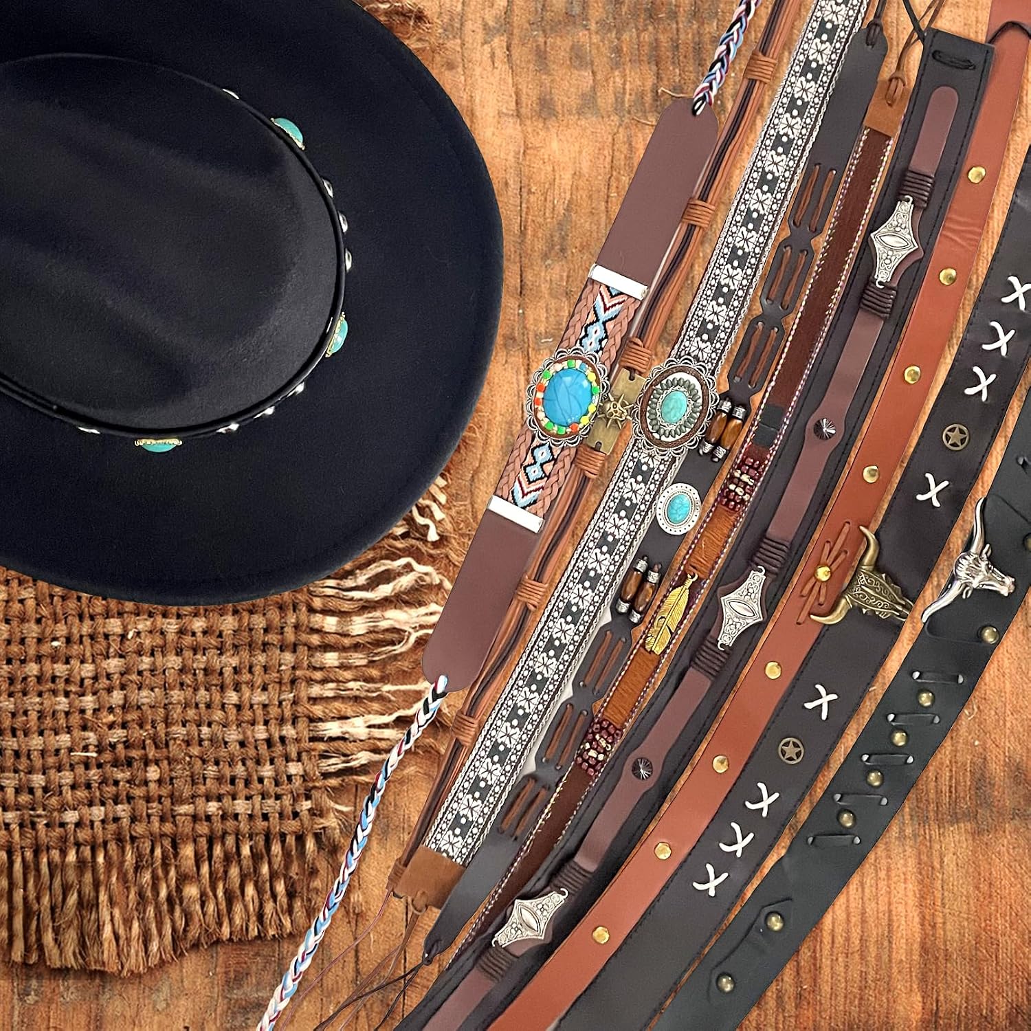 10 PCS Leather Cowboy Hat Bands for Men Women Ethnic Western Hat Belts Cowgirl Hatbands Hand Made Replacement Cowboy Supply