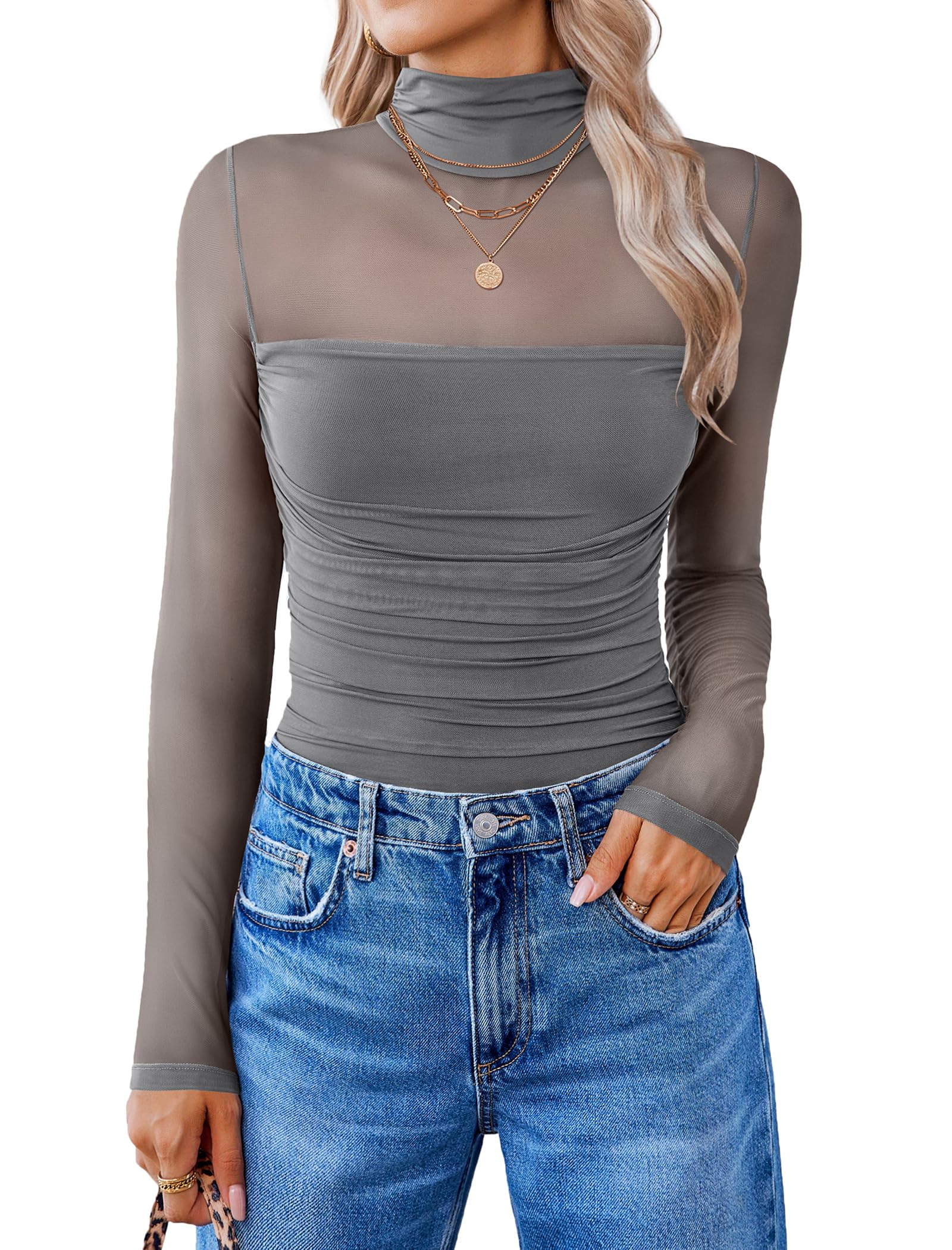 Avidlove Women Long Sleeve Bodysuit Turtle Neck Shapewear Body Suit Mesh One Piece Leotard Shirt Going Out Tops Fall Outfits