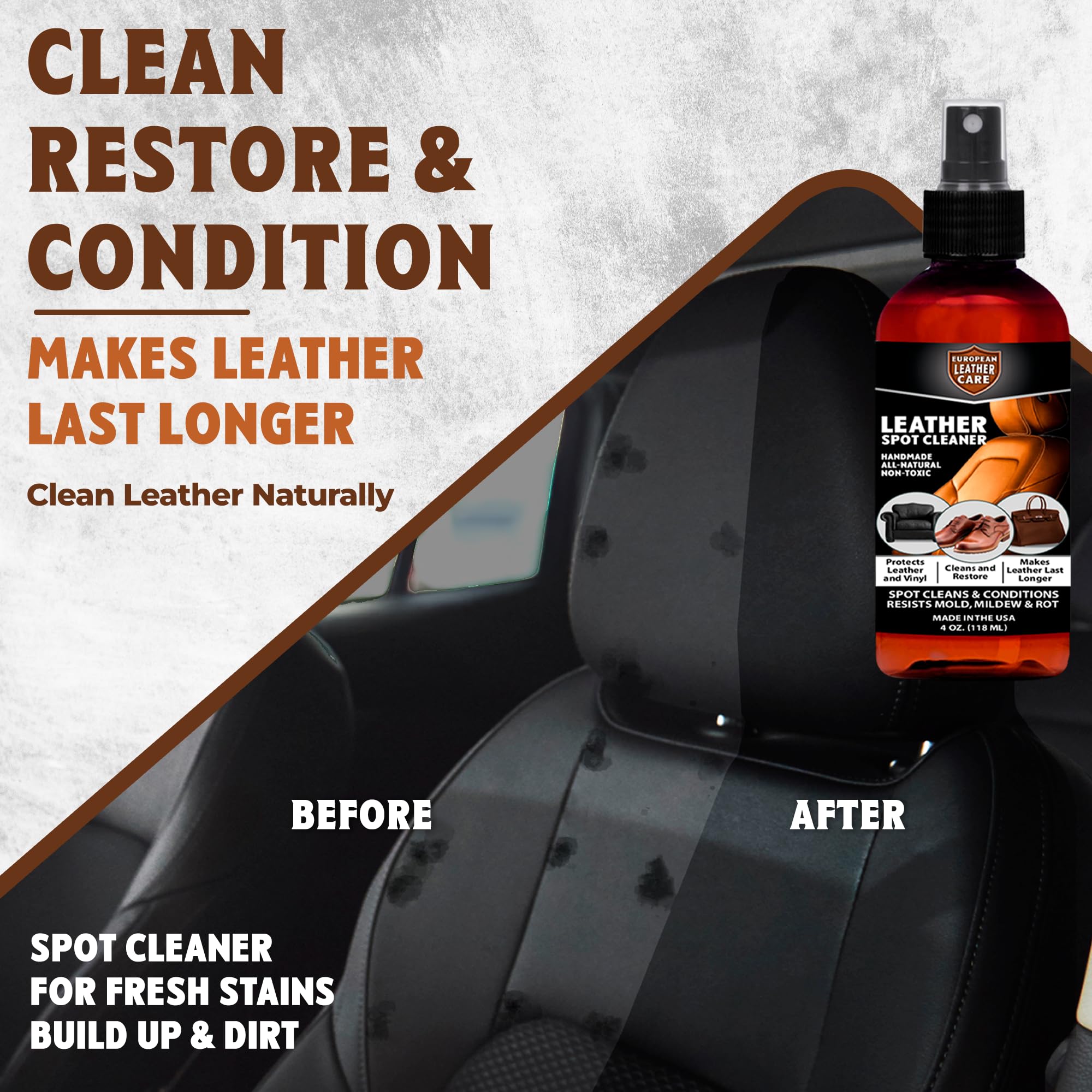 European Leather Care Leather Spot Cleaner 4 oz Car Leather Cleaner and Conditioner for Leather Couch Cleaner, Furniture, Car Seat, Shoes, Boots, Purse - Natural Ingredient Leather Shoe Cleaner USA
