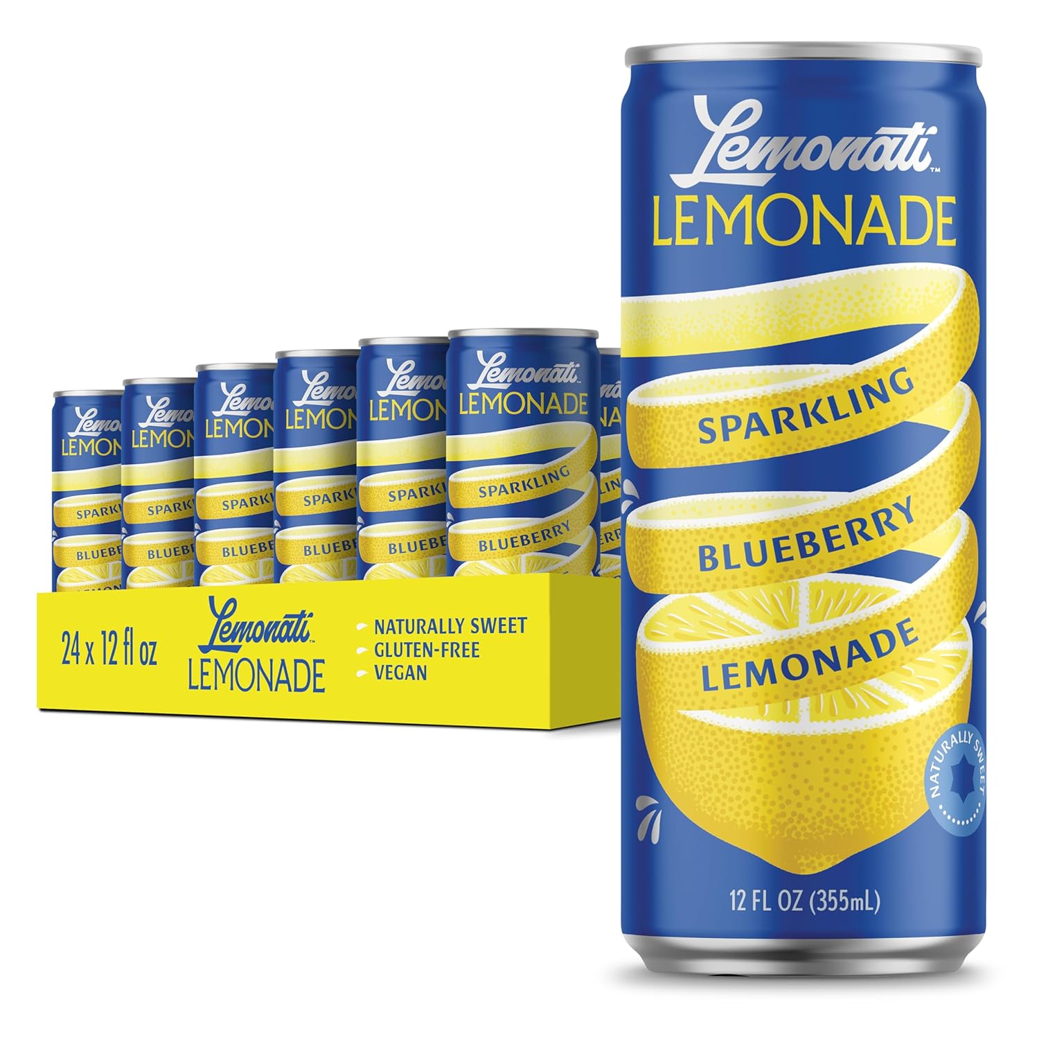 Lemonati Sparkling Lemonade, No Artificial Sweeteners or Flavoring, Gluten-Free, Kosher, Non-GMO, Vegan, 12 Fl Oz Slim Cans, Pack of 24, BlueberryLemonade