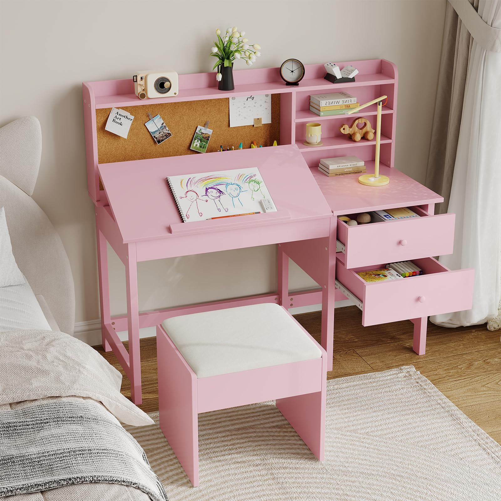 Garvee Kinderschreibtisch mit Hocker Set, Neigungsverstellbare Tischplatte 0-40°, Schreibtisch Kinder mit Pinnwand & 2 Schubladen, Rosa Lerntisch Mädchen für Schreiben Malen Lesen, MDF