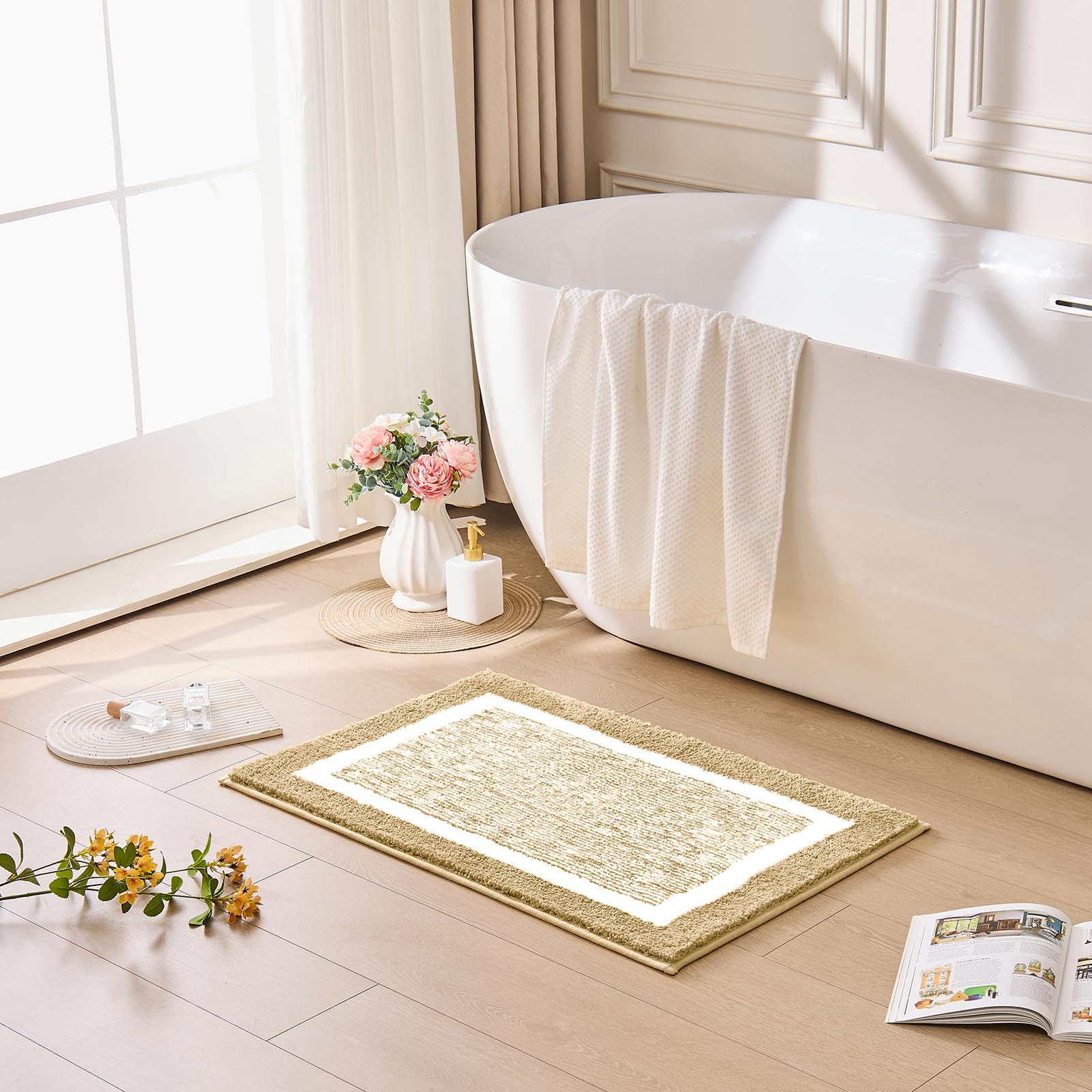 CozeCube Bath mats for Bathroom Non Slip, Fluffy Absorbent Microfiber Bath mat Washable, Aesthetic Bathroom Rugs, Long Beige Bath mat, Beige, 47" x 24