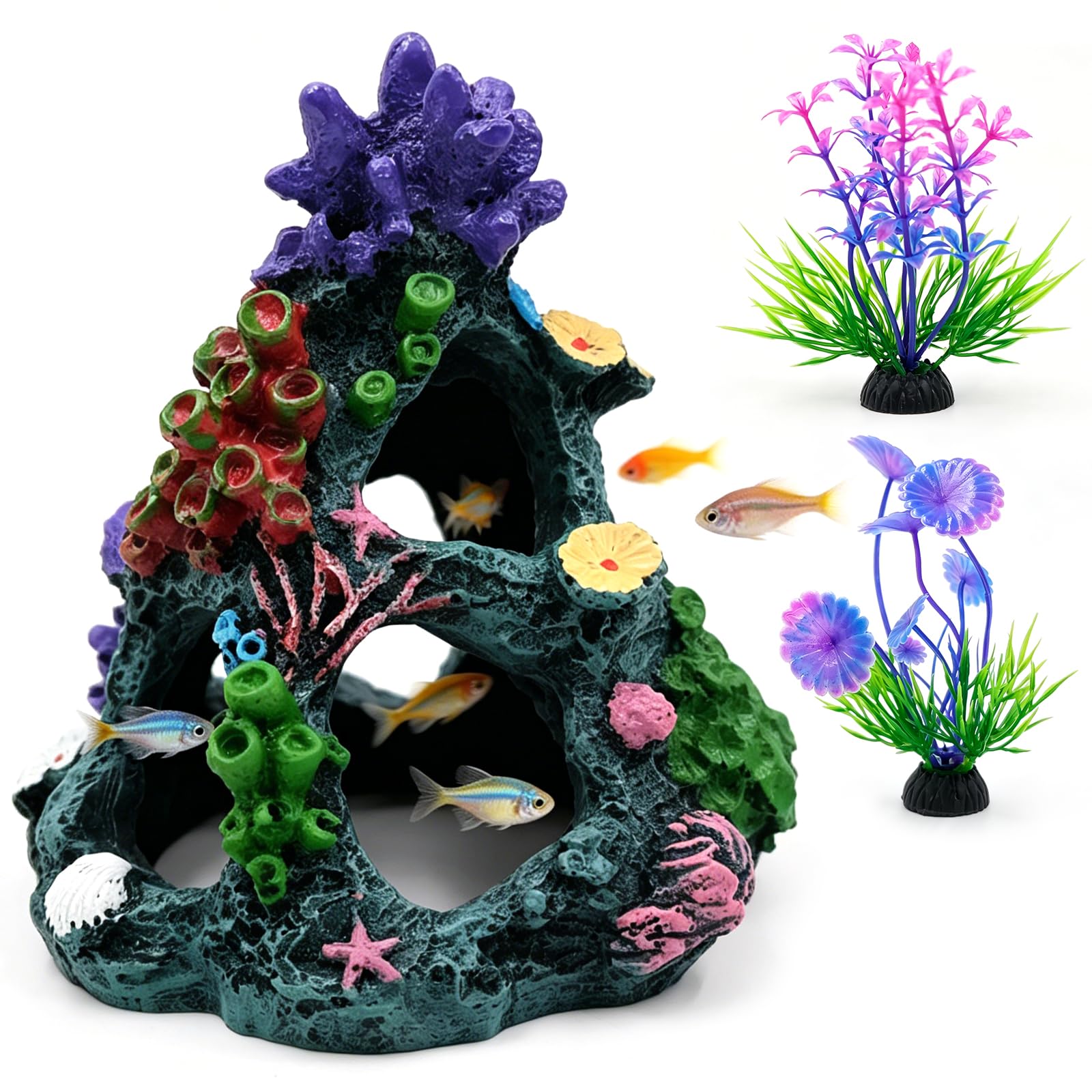 Fahibin Fish Tank Decorations, Faux Coral Rock,2 Aquarium Plants