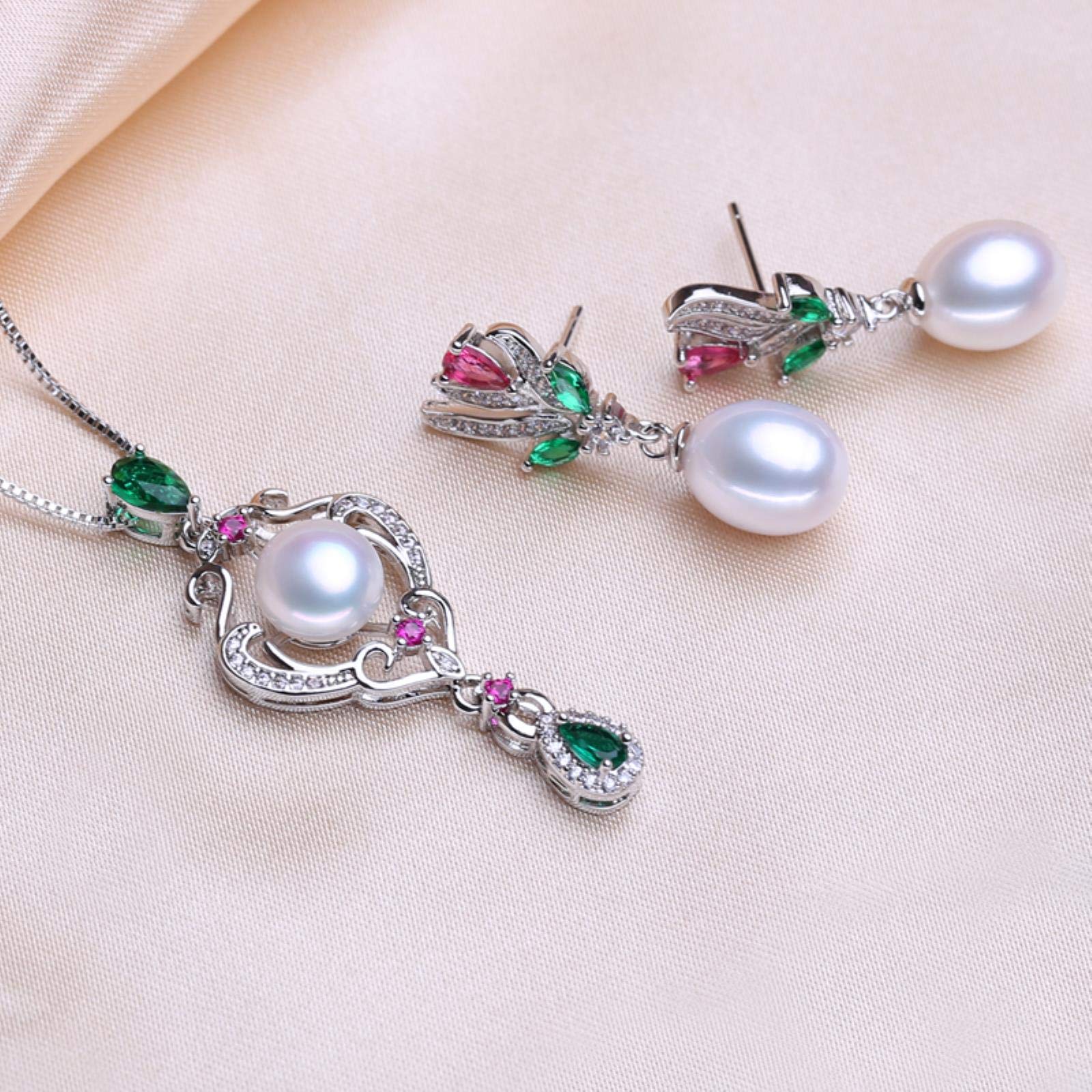 Set di Gioielli in Perle d'Acqua Dolce Naturali in Argento Sterling 925 per Donna Collana di Perle con Orecchini di Rubino Idea Regalo