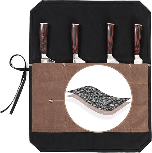Kaaltisy Bolsa de lona encerada para cuchillos de chef de 16 onzas, rollo de cuchillos portátil con 4 ranuras, diseño de dos tonos en negro y gris +