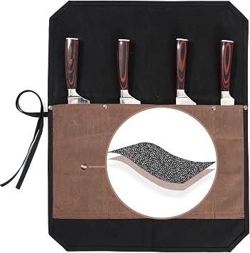 Kaaltisy 16OZ Waxed Canvas Chef Knife Bag - Portable Knife Roll with 4 Slots, Two-Tone Design in Black & Grey + Anti-Cut Fabric, for Chefs Culinary Students Outdoor Cooking 20.5" x 16.5"