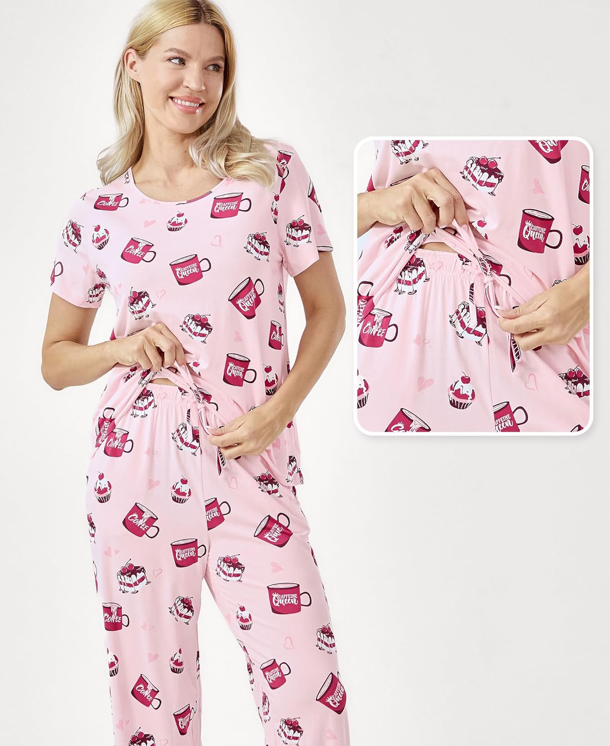 GYS Bamboo-derived Viscose Women's Pajamas Set Short Sleeve Top With Pants 2-Piece Sleep Set - Image 4