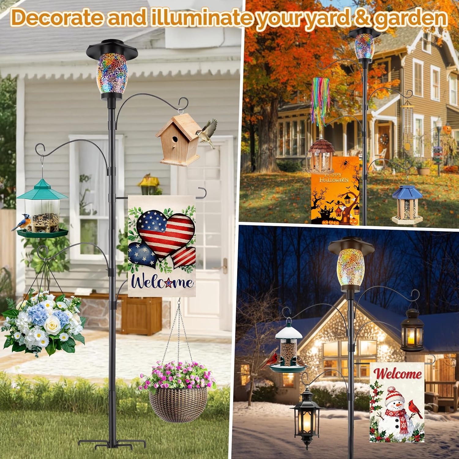 4-Hook Solar Shepherds Hooks for Outdoor,Heavy Duty 80 Inch Bird Feeder Pole with 5 Prongs Base|Flag Holder|Solar Lights,Adjustable Garden Hook for Hanging Flower Basket,Lantern,Bird Nests