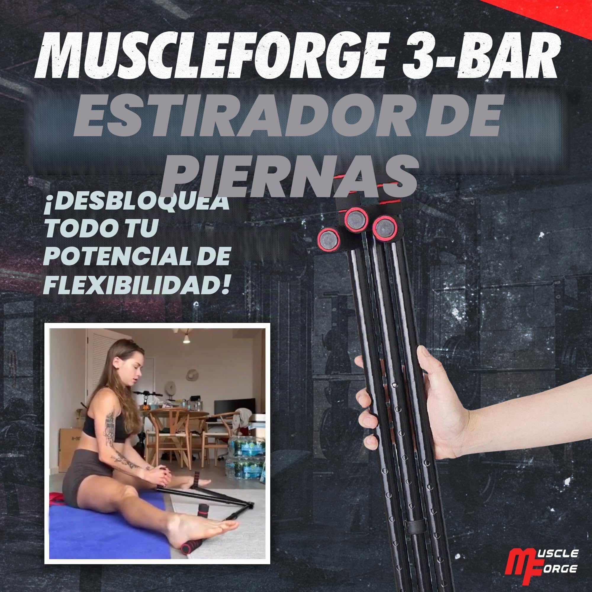Barra Separadora De Piernas – Regulable en 6 posiciones – Máquina Para Estirar Piernas – 3 Brazos Ajustables Acero Inoxidable, Correa y Asas Antideslizantes, Apertura 180°, Plegable, Hogar