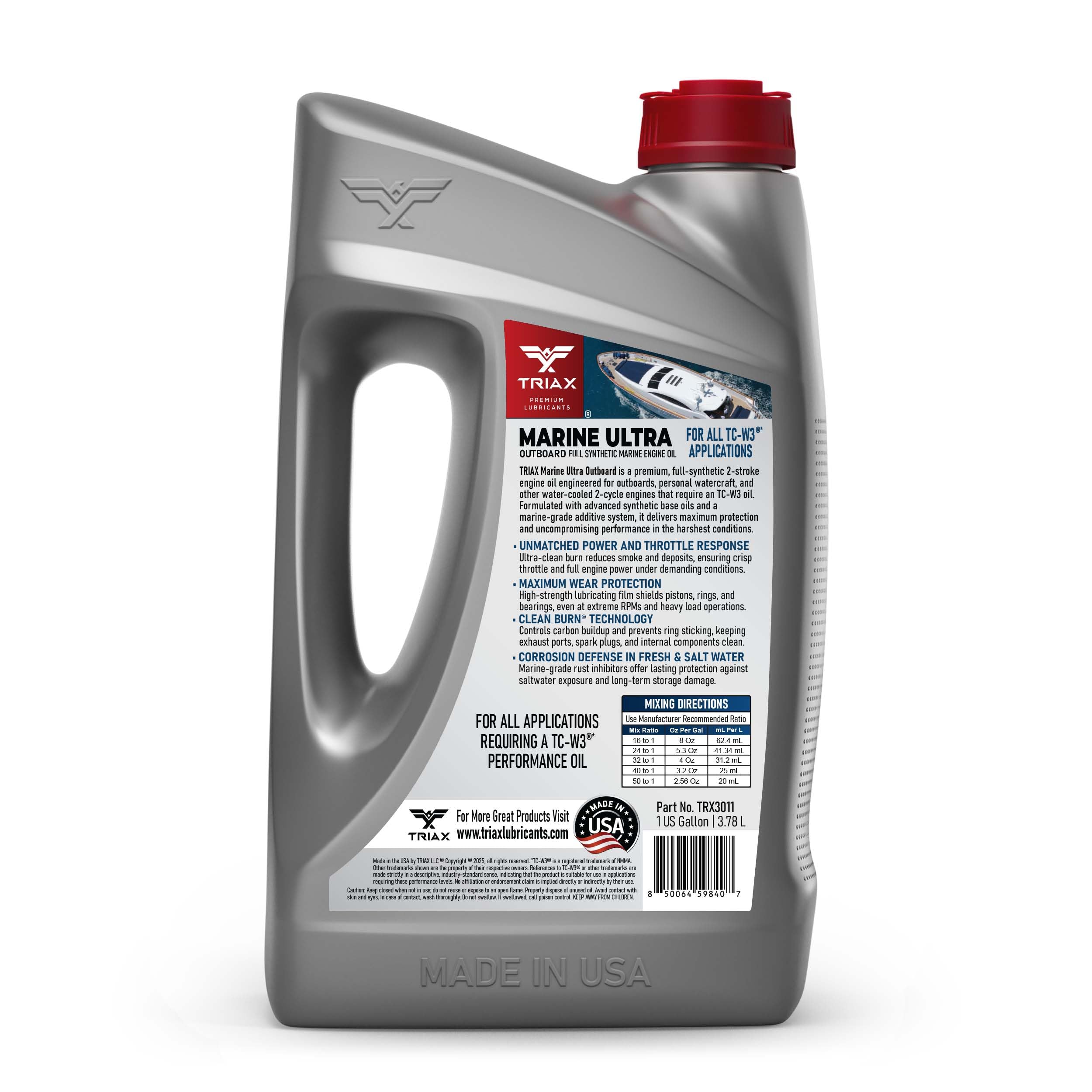TRIAX Marine Ultra TC-W3 Aceite Motor 2 Tiempos Sintético - Para Fueraborda, Motos de Agua y Motores Marinos 2T 3,78 L (1 galón)