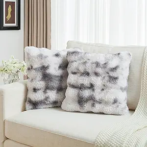 FUTEI Grey White Decorative Throw Pillow Covers 18x18 Inch Set of 2,Soft Fuzzy Faux Rabbit Fur Cushion Covers with Raised Texture,Neutral Boho Home Decor for Couch Bed Living Room