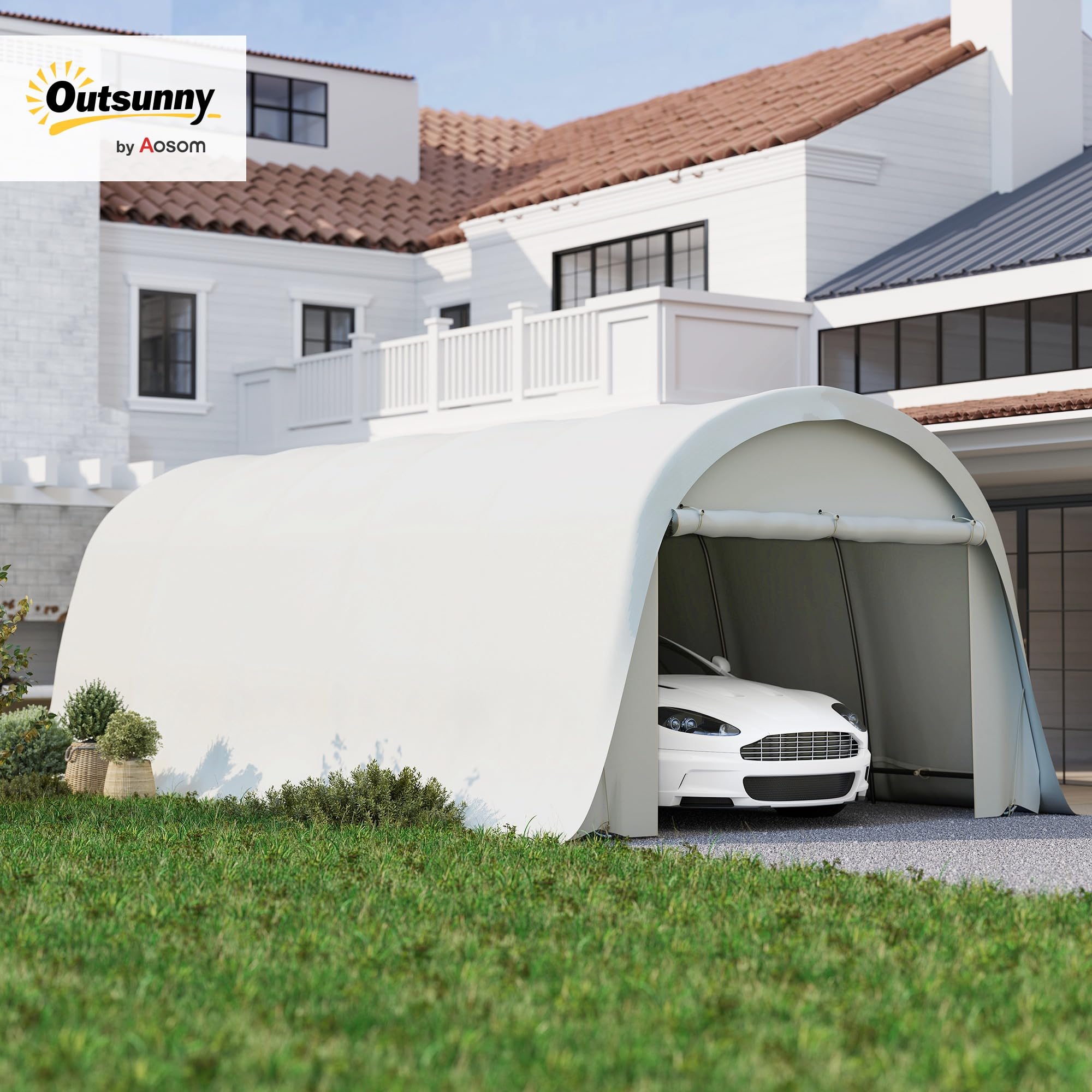 Outsunny Garage Auto per Esterno 3.6x7.2 m con Copertura PE, UV50+, Tettoia per Auto Telaio Zincato Porta Avvolgibile, Crema