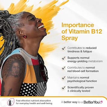 BetterYou Vitamin B12 Oral Spray, High Strength Methylcobalamin Supplement, 1200mcg per dose to Boost Energy, Natural Apricot Flavour, 48-Day Supply