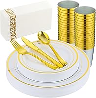 ISFANGCO 175-Piece Gold Rimmed White Plastic Dinnerware Set for 25 Guests - Disposable Plates, Cups, Silverware, Napkins for Weddings & Parties
