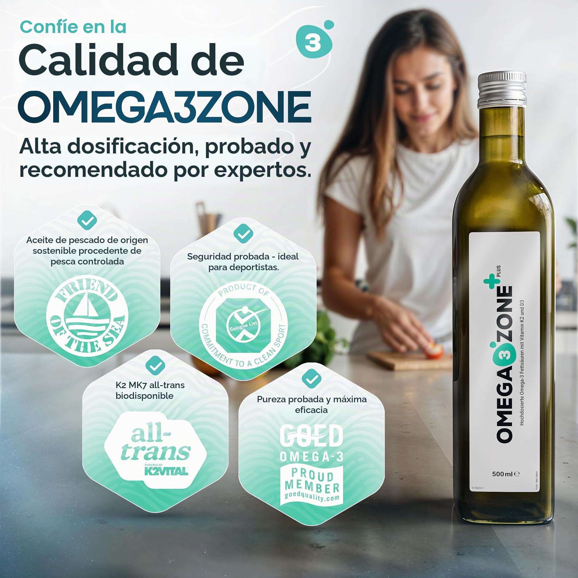 omega3zone Premium Omega‑3 Aceite con Vitamina D3 K2 – Aceite de pescado de alta concentración D3K2 – All trans MK‑7 K2 3.840 mg por porción– Analizado en laboratorio Fabricado Alemania – Limón 500 ml