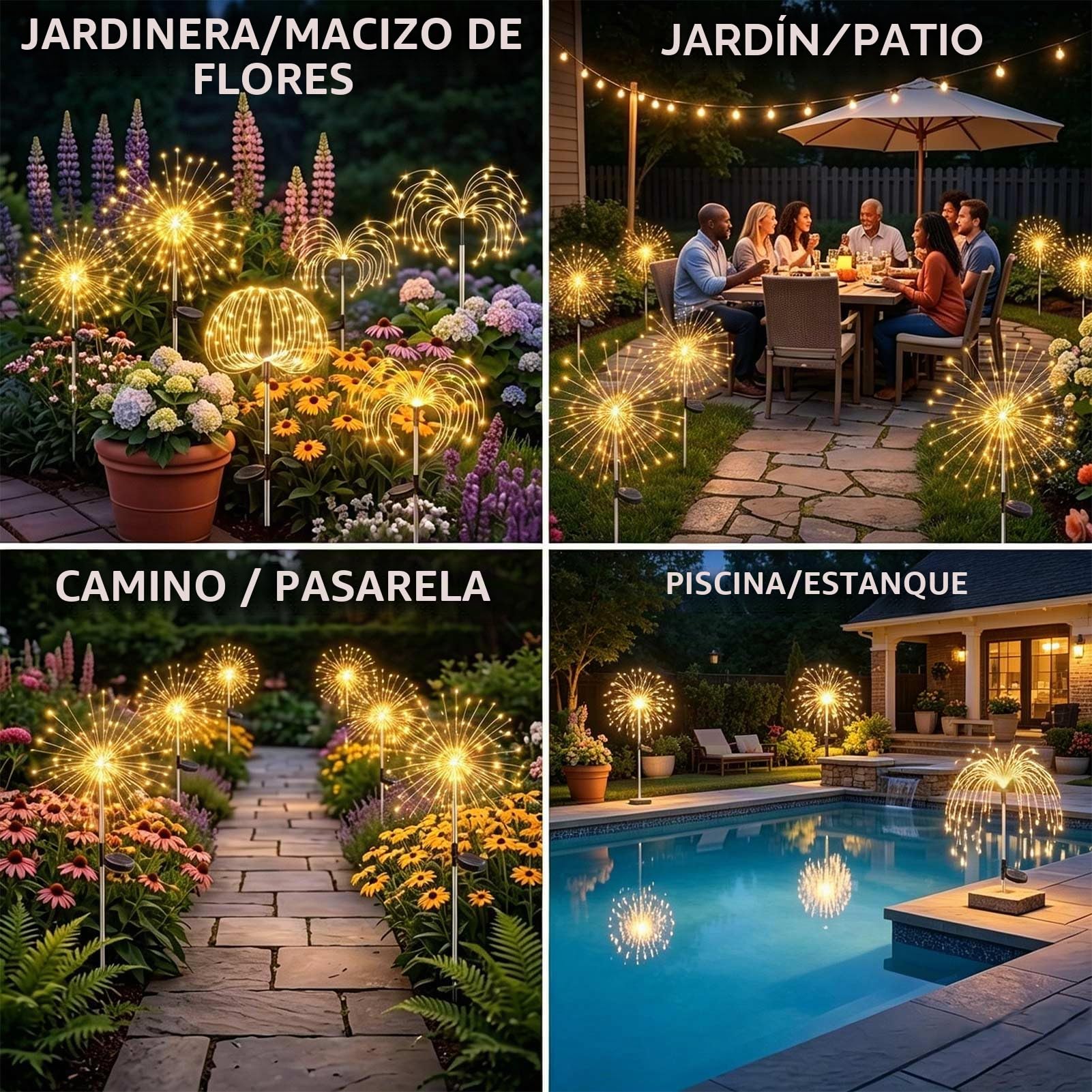 Joycome Luces Solares LED Exterior Jardin, 4 Piezas 120 LED Luz Solar de Fuegos Artificiales, 8 Modos lamparas Solar Exterior Jardin Impermeable para Patio, Balcón, Macetero, Boda, Fiesta