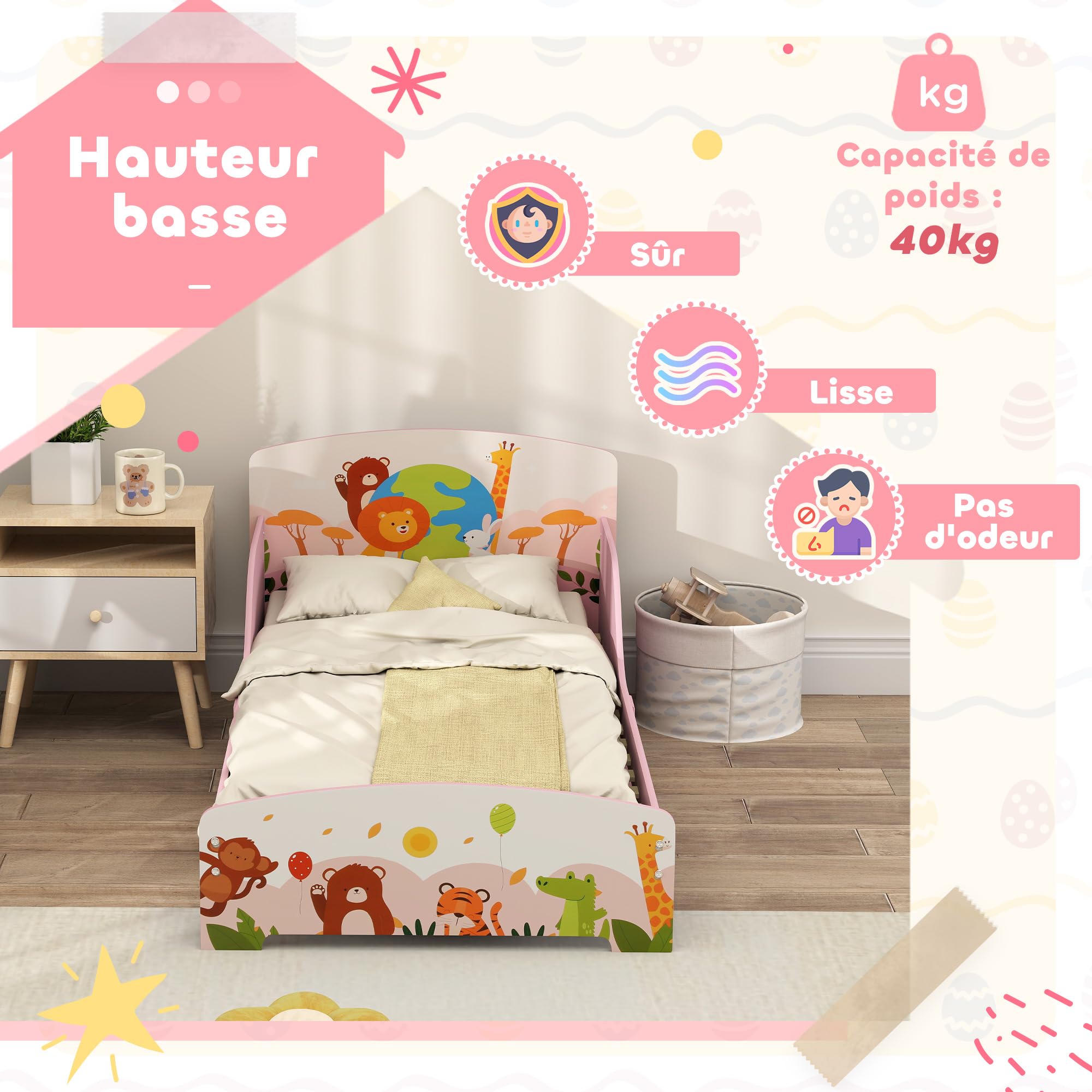 AIYAPLAY Lit Enfant 70x140 cm, Motif Animal, 140 x 70 cm avec Panneaux de Protection latéral Haut et sommier à Lattes en Bois, Design Bas sécurisé, Facile à Monter, Rose