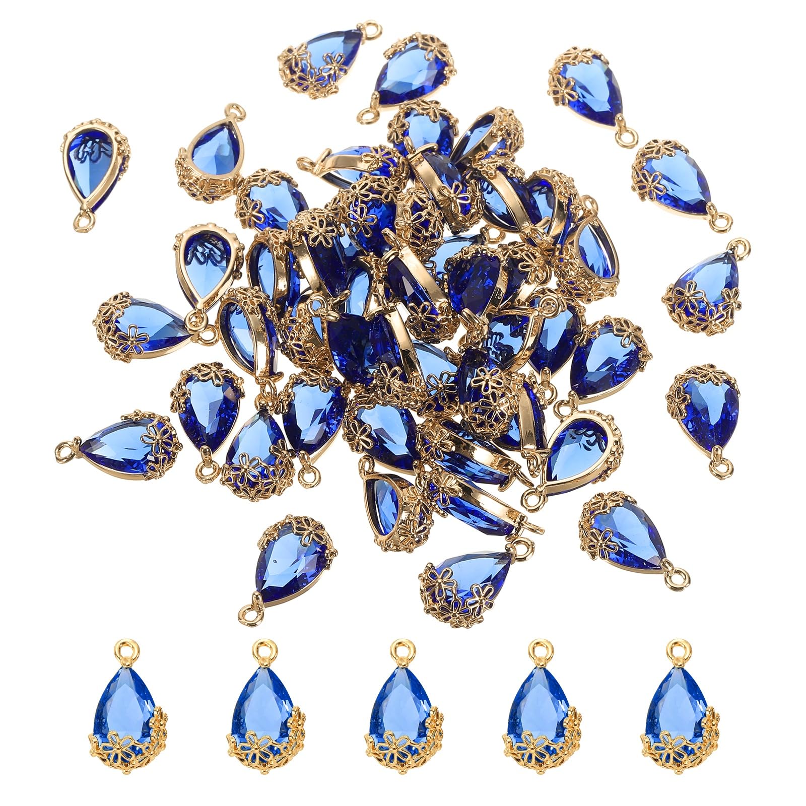 sourcing map 50pcs Faceted Teardrop Glass Pendants, Blue Crystal Glass Drop Beads Charm Transparent Pendants with Floral Brass Setting for Earring Jewelry Craft Making DIY Accessories