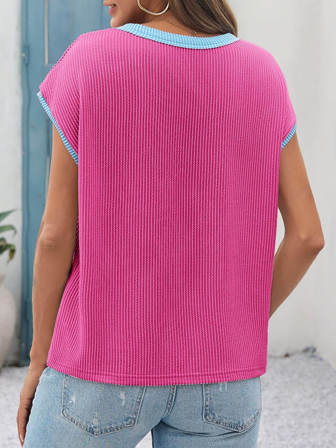 Tankaneo Womens Summer Color Block T-Shirts Cap Sleeve Textured Ribbed Knit Tees Casual Ringer Crew Neck Loose Fit Tops - Image 6