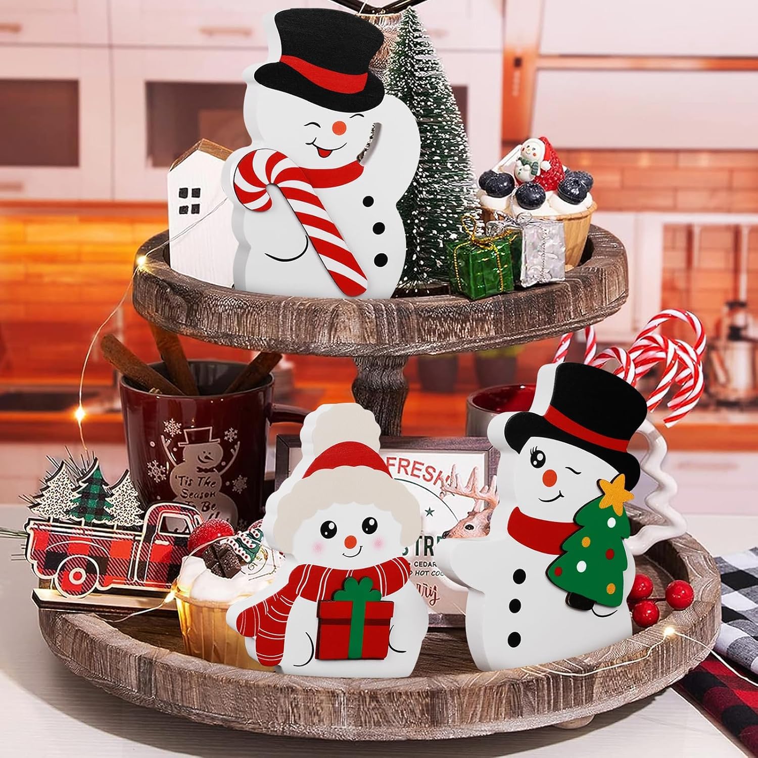 Snowman Christmas Decorations Indoor, Cute Xmas Snowman Tabletop Ornaments Centerpieces, Wooden Winter Signs Tiered Tray Decor for Christmas Winter Party Home Office Kitchen Farmhouse