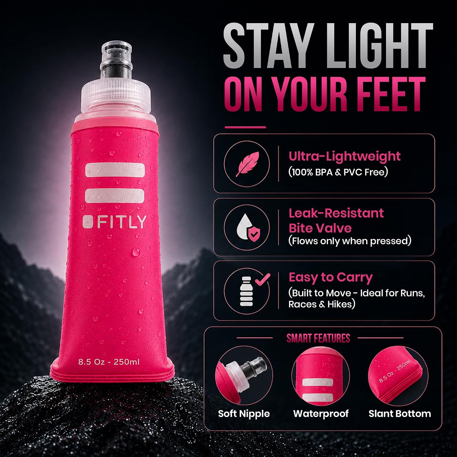 FITLY Soft Flask - Shrink As You Drink Soft Water Bottle for Hydration Pack - Folding Water Bottle Ideal for Running, Hiking, Cycling, Climbing & Rigorous Activity image 4