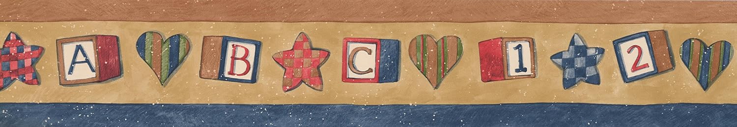 Play Blocks Stars Hearts Brown Beige Wallpaper Border for Kids, Roll 15' x 4''