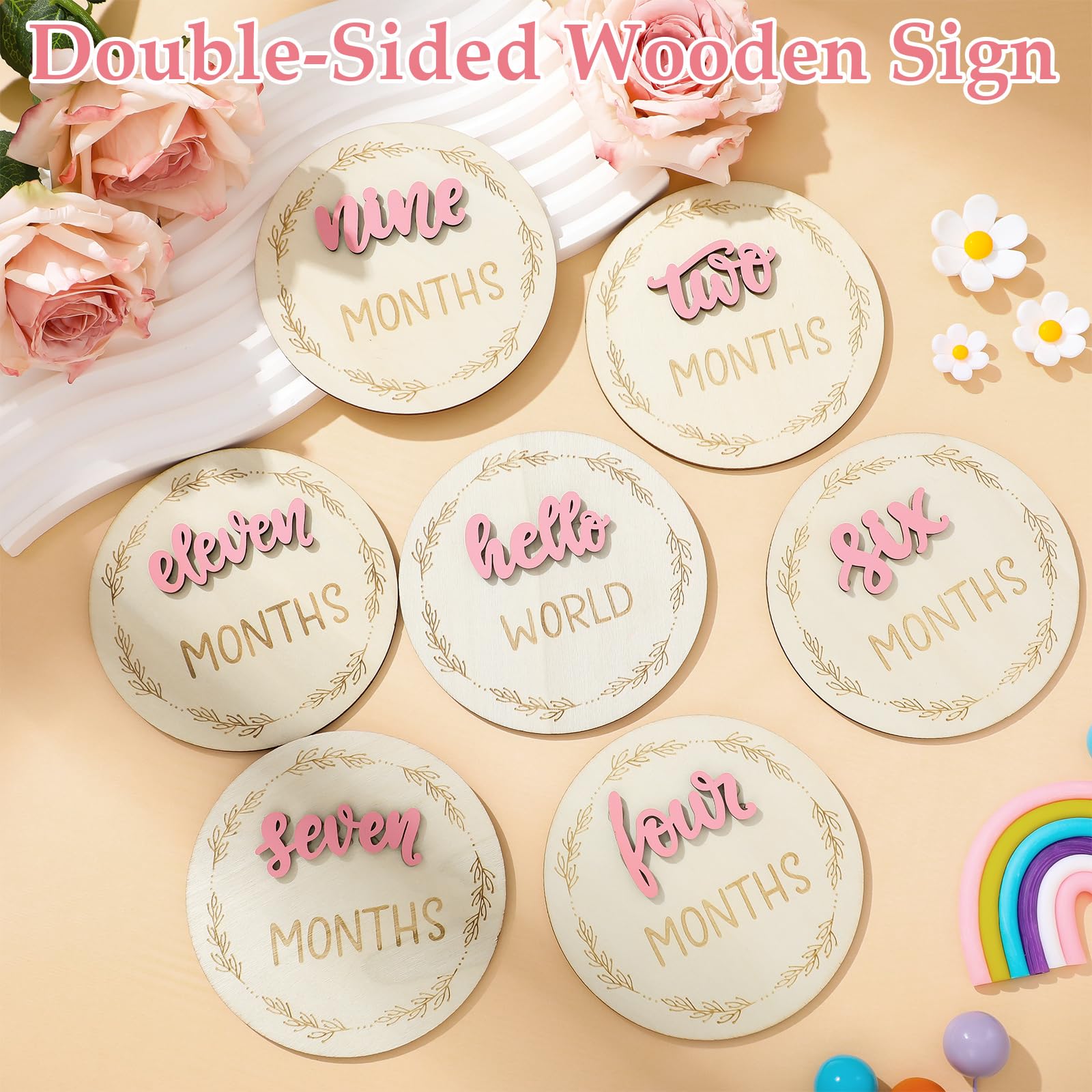 7 Stück Monate Baby Meilensteinschilder, 3D Rosa Baby Monatliche Meilensteinkarten Meilenstein Holzkreise für Neugeborene Junge Mädchen 1-12 Monate Baby Meilensteinbilder (doppelseitig)
